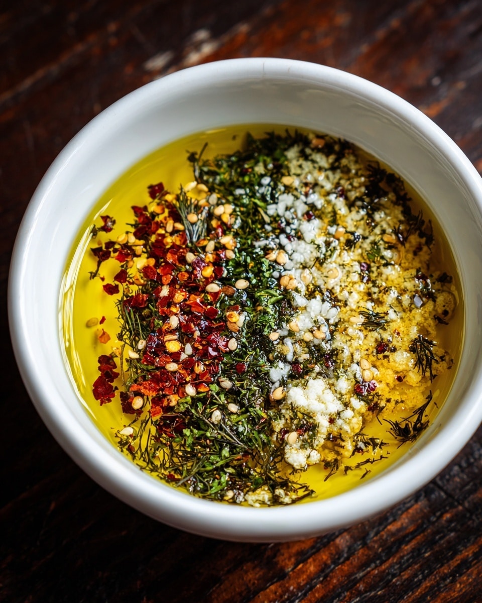 A white bowl filled with golden yellow olive oil, topped with small piles of green herbs, white minced garlic, and red chili flakes spread over one side. The surface beneath the bowl is a white marbled texture. The lighting highlights the shiny and smooth texture of the oil with the spices adding a colorful contrast. Photo taken with an iphone --ar 4:5 --v 7