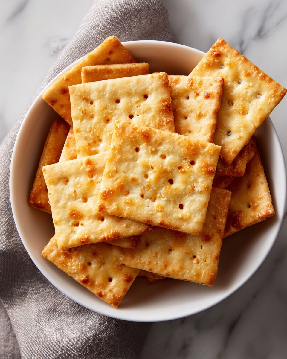A close-up of a white bowl filled with stacked rectangular crackers. The crackers have a golden-brown color with a slightly shiny and bumpy texture, showing tiny holes in a grid pattern on their surface. The edges of the crackers are crisp and more browned, giving a sense of crunchiness. The bowl is placed on a white marbled surface with a white cloth nearby, and the focus is on the top layer of crackers, highlighting their texture and color variations. photo taken with an iphone --ar 4:5 --v 7