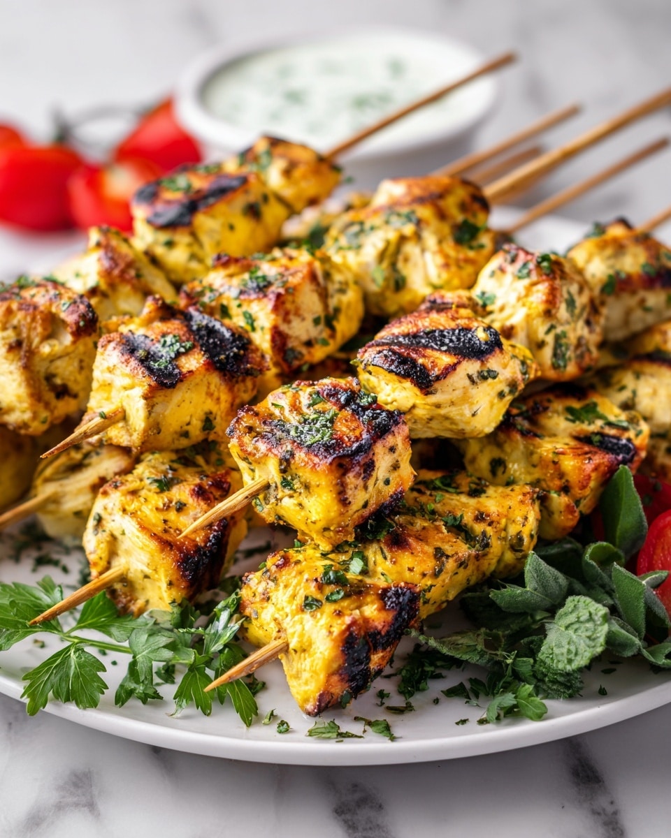 The image shows several wooden skewers holding about three to four pieces each of grilled chicken cubes that are golden yellow with charred black grill marks, arranged close together on a white plate. The chicken looks juicy and is garnished with small green herb pieces. To the left side of the plate is a dollop of creamy white sauce with chopped green herbs on top. There are fresh green cilantro leaves and bright red cherry tomato halves on the right edge of the plate, with a slice of orange partially visible in the top right corner. The entire scene is set on a white marbled surface. photo taken with an iphone --ar 4:5 --v 7
