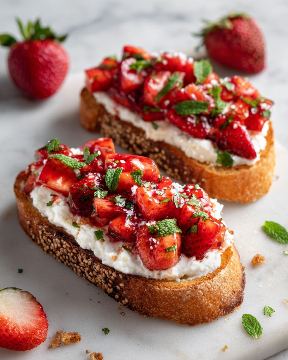 Two thick slices of toasted bread with sesame seeds on the crust lie on a white marbled surface. Each slice is topped with a generous, textured layer of white cottage cheese that spreads unevenly to the edges. On top of the cottage cheese, there are cut fresh strawberries with a shiny, juicy red color mixed with small green mint leaves scattered over them. The strawberries have a glossy finish, some pieces showing seeds and slight wetness. Around the toast, whole strawberries and small mint leaves are scattered casually, enhancing the fresh look. Photo taken with an iphone --ar 4:5 --v 7