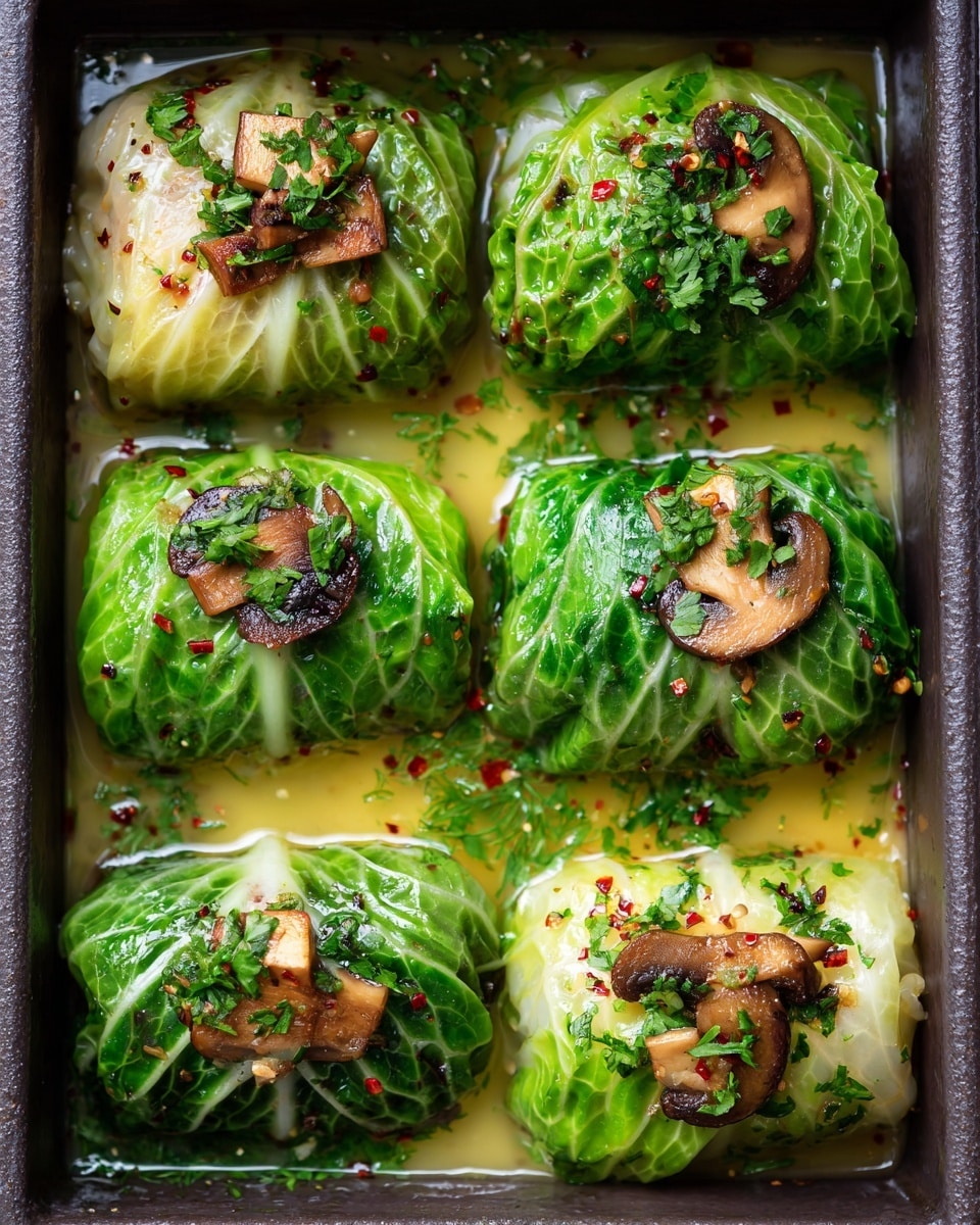 The image shows six cabbage rolls arranged in two rows inside a dark square baking pan. Each roll is wrapped tightly with large, glossy green cabbage leaves that have a slightly translucent and wet texture. On top of the rolls, there are small pieces of chopped mushrooms, fresh chopped parsley, and some light golden-brown grilled or toasted spots sprinkled with seasoning. The rolls are sitting in a shallow pool of light yellow broth or sauce with some fine herbs and red chili flakes scattered across the surface. The background is a white marbled texture visible around the pan edges. photo taken with an iphone --ar 4:5 --v 7
