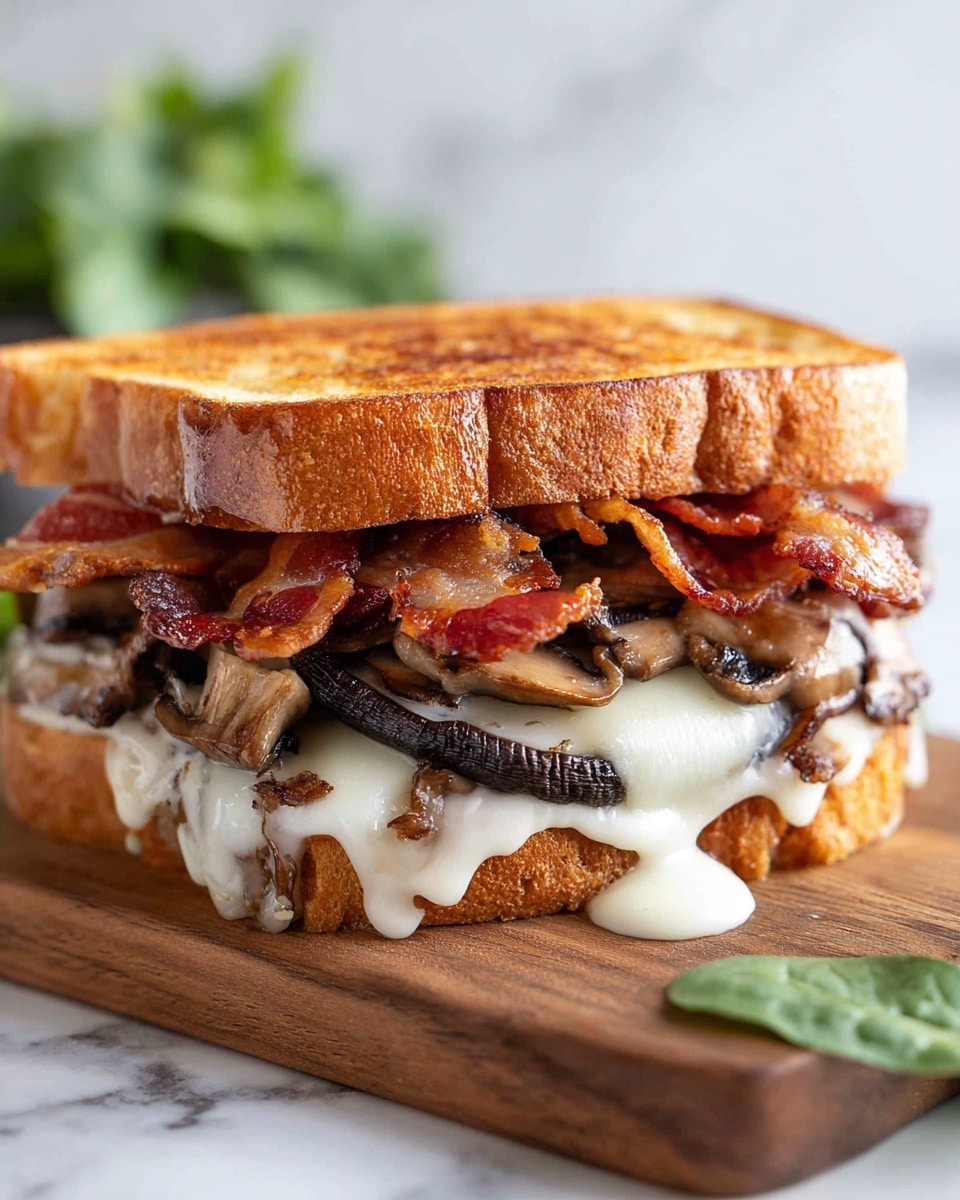 A thick sandwich made with two slices of toasted white bread, each piece darkly browned at the edges and crisp. The bottom slice is spread with a light creamy sauce, topped with a thick, grilled dark mushroom cap. Above the mushroom lies a thick layer of melted creamy white cheese that drapes down the sides. On top of the cheese, several layers of crispy, reddish-brown bacon slices are piled loosely. The top bread slice also has a light spread of the same creamy sauce. The sandwich sits on a wooden board with a few green leaves in the background, all set against a white marbled texture. Photo taken with an iphone --ar 4:5 --v 7