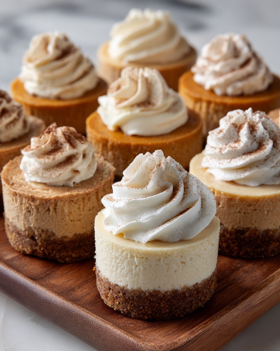 The image shows several mini cheesecakes with three clear layers. The bottom layer is a crumbly, brown crust. The middle layer is a smooth, creamy off-white cheesecake filling. The top layer is a soft, light brown pumpkin-like layer. Each mini cheesecake is topped with a swirl of white whipped cream dusted with a light sprinkling of brown cinnamon or nutmeg. The cheesecakes are arranged close together on a round wooden tray, with a softly blurred background. The texture of the cheesecakes looks rich and dense, and the whipped cream adds a light, fluffy contrast. photo taken with an iphone --ar 4:5 --v 7