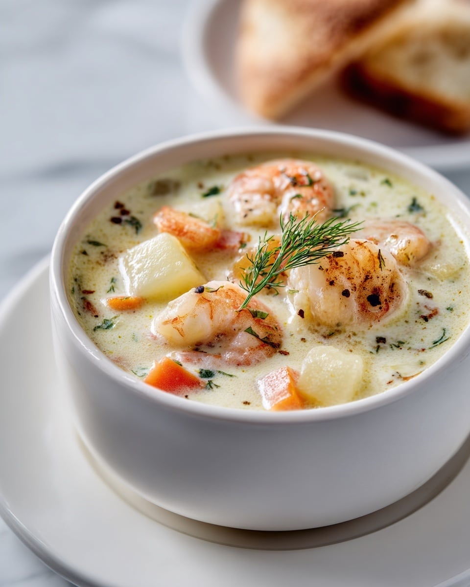 This image shows a bowl of creamy seafood soup with a smooth light yellow base, filled with large pieces of white fish, tender orange carrot cubes, and plump shrimp. The soup is garnished with finely chopped green herbs, small pieces of black seaweed, and a sprig of dill on top. The bowl is white and is placed on a white marbled surface with a piece of bread in the background and a dark cloth nearby. Photo taken with an iphone --ar 4:5 --v 7