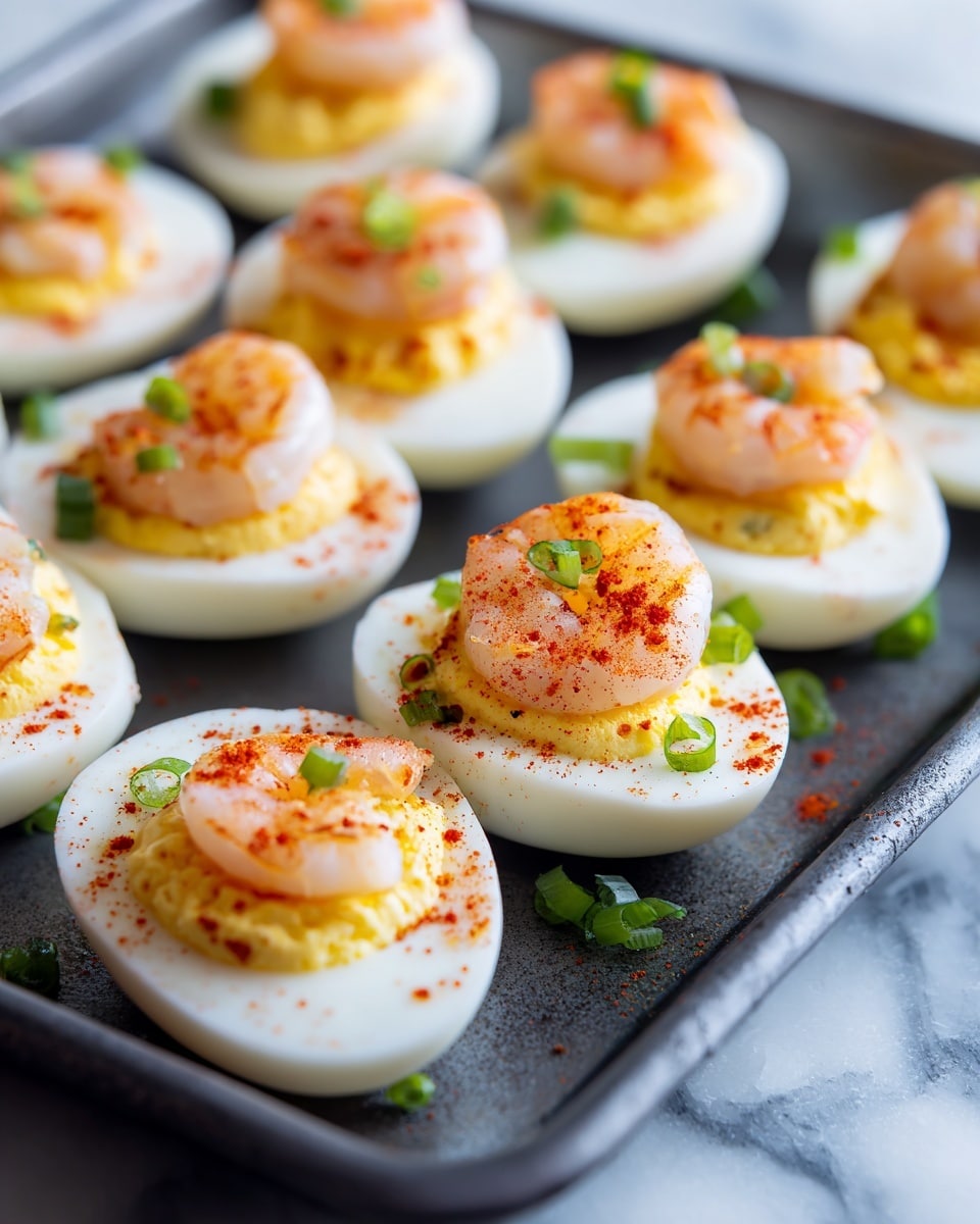 This image shows multiple deviled eggs neatly arranged on a dark tray with a white marbled surface underneath. Each deviled egg has three layers: the white egg half forms the base with its smooth, pale surface, the middle layer is a yellow, creamy yolk mixture filling the egg white cavity, and the top layer consists of a small cooked shrimp with a light pink color. The eggs are sprinkled with red paprika powder and garnished with small green chopped chives, adding contrast in color and texture. The eggs are placed closely together, filling the tray completely. Photo taken with an iphone --ar 4:5 --v 7