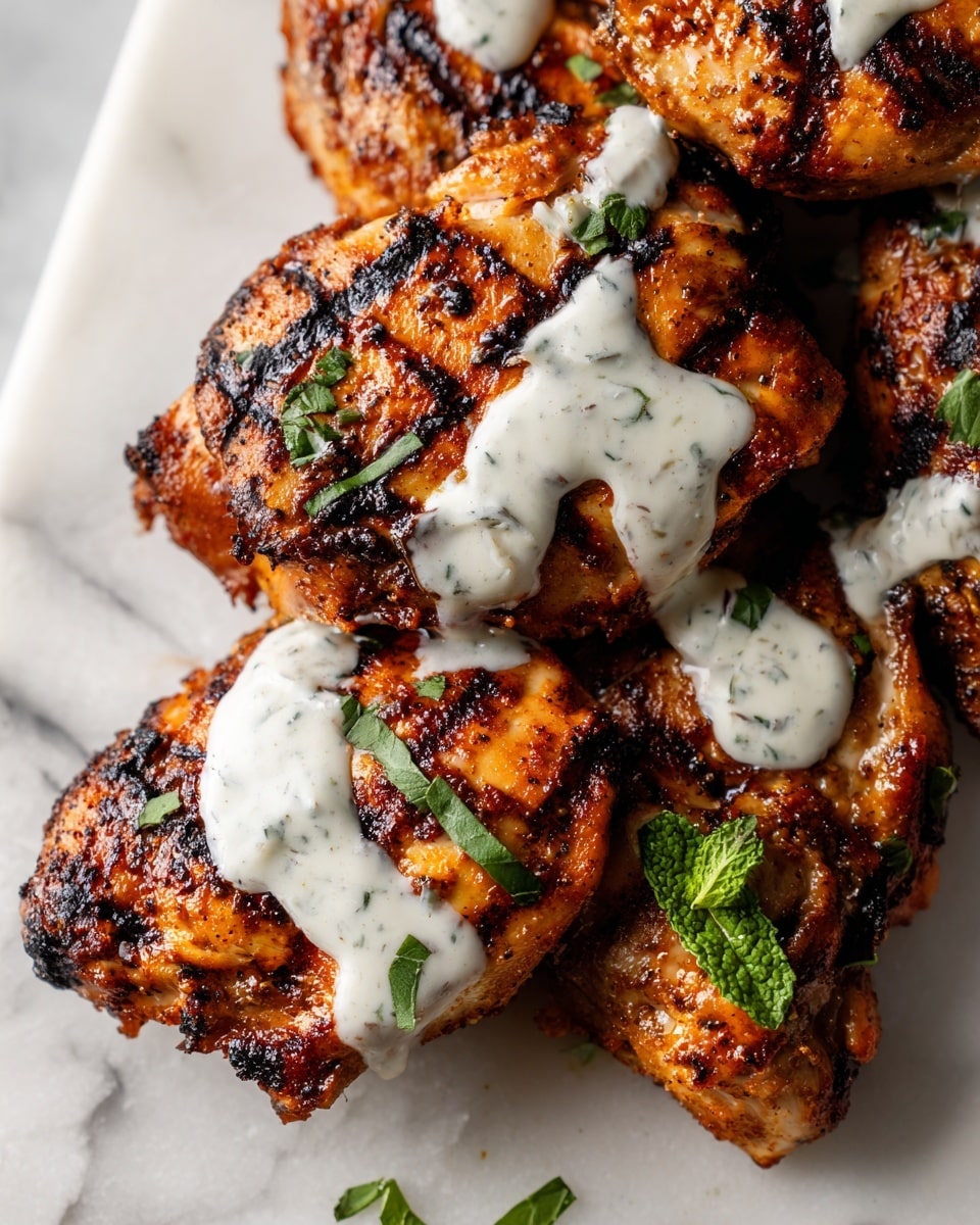 The image shows several pieces of grilled chicken with a charred, dark brown crust, stacked loosely. A creamy white sauce with green herb specks is being poured over the chicken from above, creating a dripping effect. Small green herb leaves are scattered on top of the chicken, adding a fresh touch. The dish sits on a white plate placed on a white marbled surface. Photo taken with an iphone --ar 4:5 --v 7