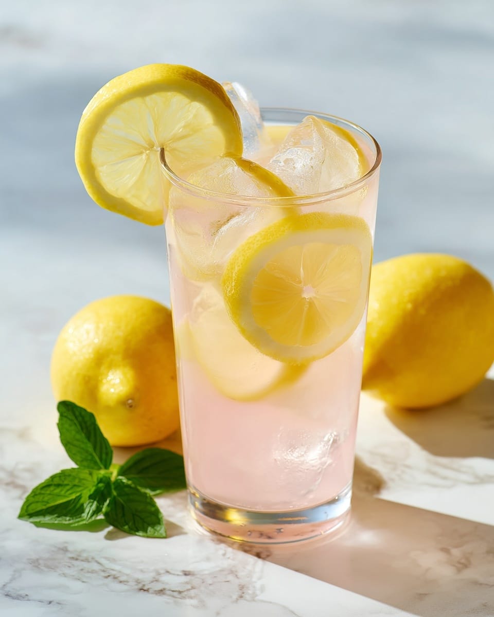 A clear glass filled with light pink lemonade sits on a white marbled surface, containing several ice cubes that appear frosty and translucent. Inside the glass, there are lemon wedges with bright yellow skin and juicy texture, partially submerged in the drink. On the rim, a thin lemon slice leans outward, showcasing its pale yellow flesh, while a fresh green mint leaf stands upright beside it, adding a pop of color. Two whole yellow lemons are placed on the marbled surface, one on each side of the glass, enhancing the fresh and summery feel of the scene. Photo taken with an iphone --ar 4:5 --v 7