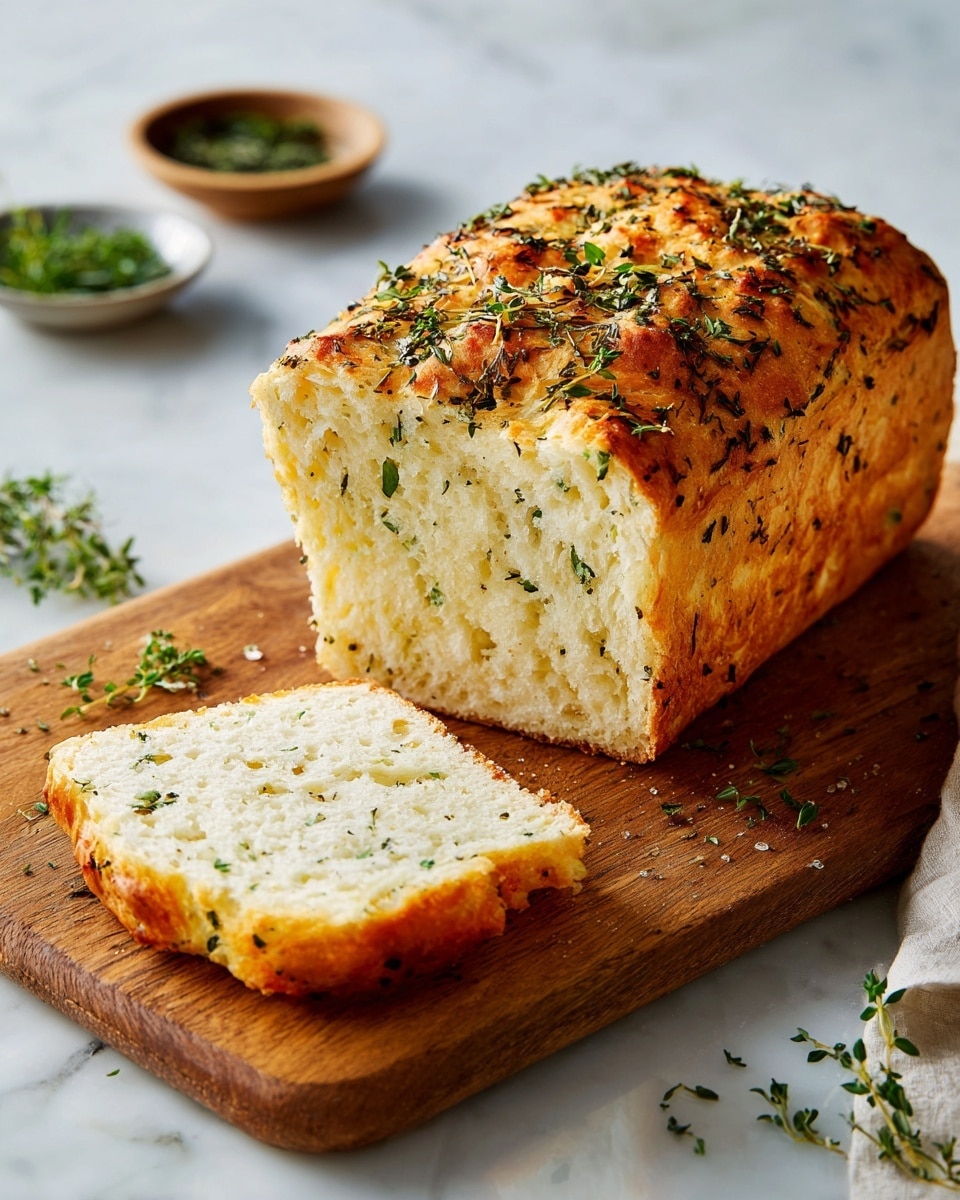A loaf of herb bread is shown on a wooden cutting board, with one thick slice cut and laying flat in front of it. The bread has a golden brown, slightly rough and crispy crust on top with visible bits of herbs, giving it a speckled look. Inside, the bread is soft and light with a pale yellow color, full of small herb flecks evenly spread throughout, showing a tender, moist texture. The wooden cutting board has a natural grain and the background is a white marbled surface. photo taken with an iphone --ar 4:5 --v 7