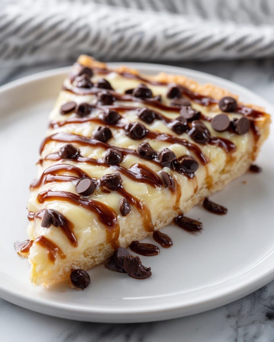 A single slice of dessert pizza sits on a white plate over a white marbled surface. The pizza has three visible layers: a brown crust base, a smooth creamy white middle layer, and a glossy caramel-colored drizzle on top. Scattered evenly across the top are dark brown, shiny chocolate chips that add texture. The glossy caramel sauce is drizzled in diagonal lines over the creamy white layer, creating a shiny, sticky surface. Photo taken with an iphone --ar 4:5 --v 7