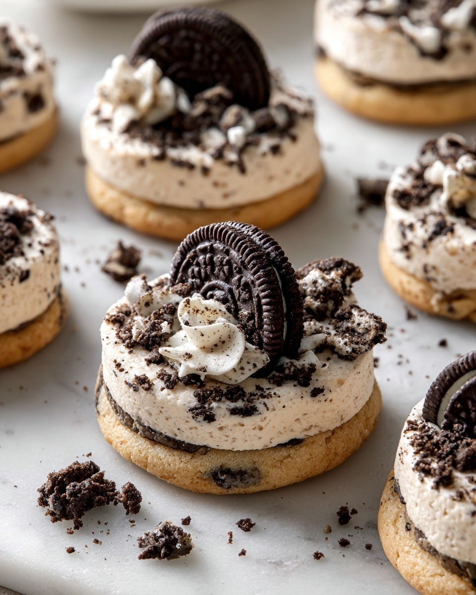 A close-up view of a batch of round cookies with a soft texture, each featuring a light beige base with dark cookie crumbs mixed throughout. On top of each cookie, there is a visible dark brown and white cookie piece, some whole and some broken into smaller pieces, adding a crunchy contrast. The cookies rest on a white marbled surface with more cookie crumbs scattered around, creating a casual and inviting look. Photo taken with an iphone --ar 4:5 --v 7