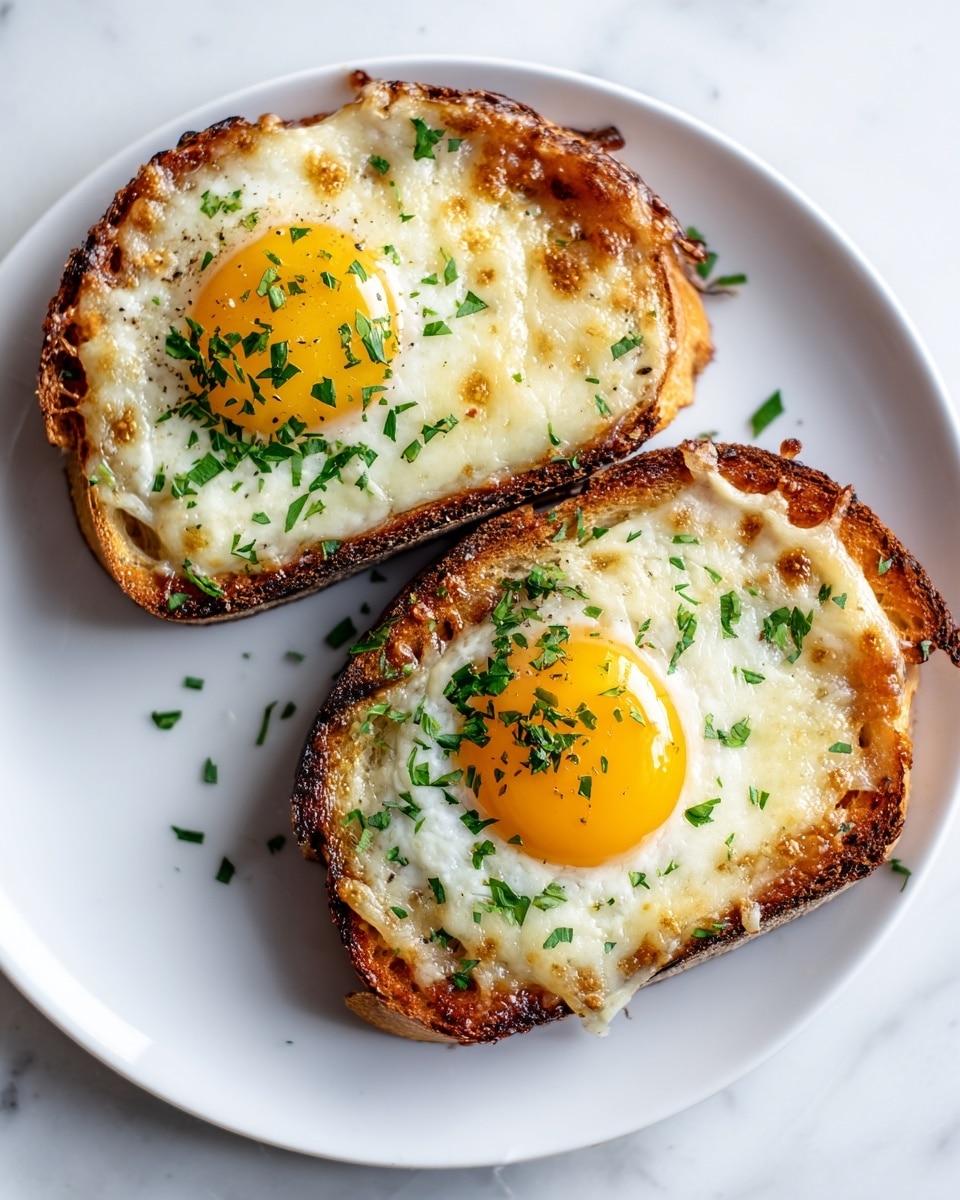 Two slices of toasted bread with a golden-brown crust lie side by side on a white plate, each topped with a cooked sunny-side-up egg with a bright yellow yolk in the center. Around the yolks, melted cheese is bubbly and slightly browned, creating a creamy layer with a textured surface. Green chopped herbs are sprinkled evenly over the cheese and eggs, adding a fresh pop of color. The white plate contrasts with the rich colors of the food, all resting on a white marbled surface. photo taken with an iphone --ar 4:5 --v 7