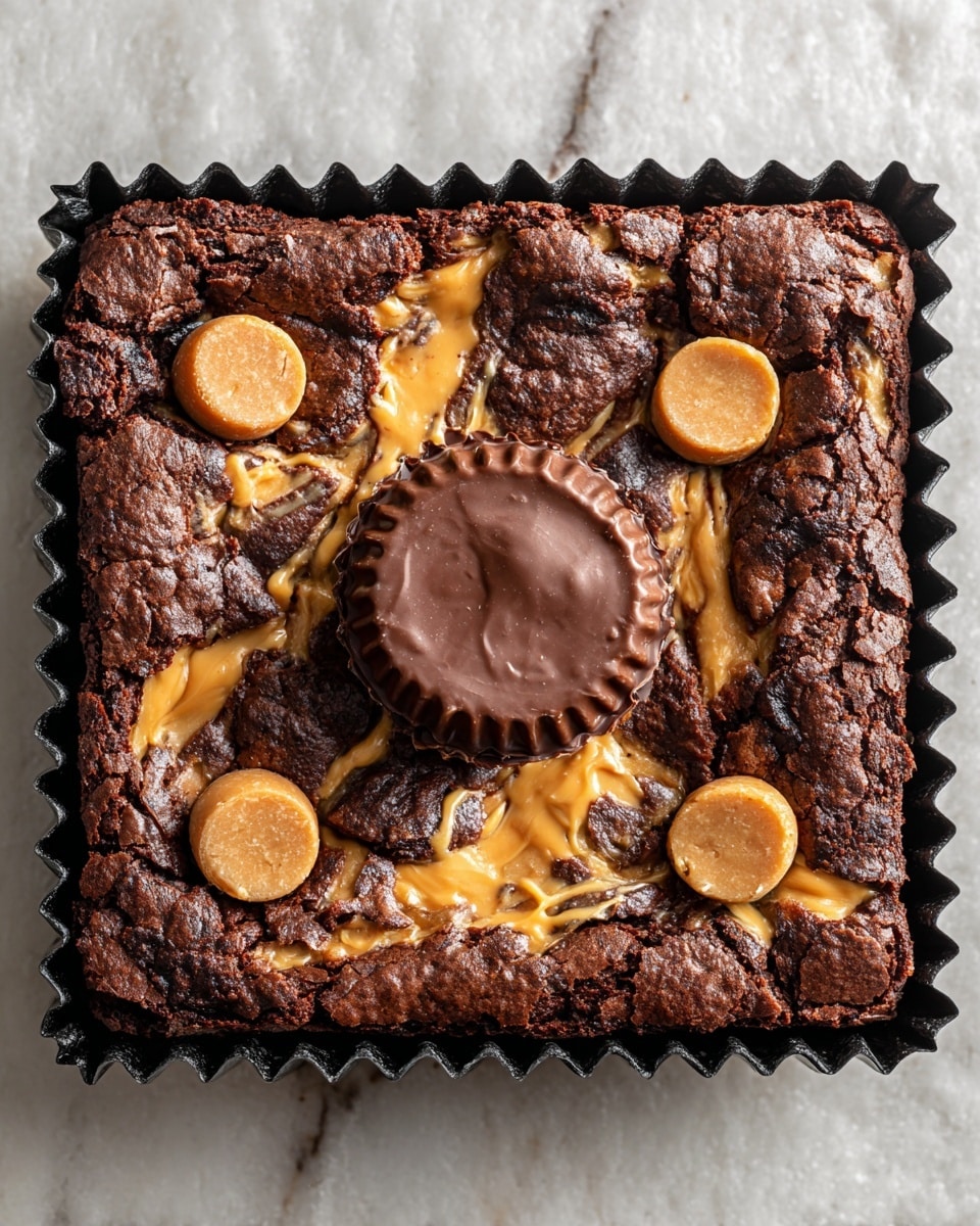 The image shows a thick, square-shaped brownie baked in a black fluted pan. The brownie has a rough, dark brown top with melted chocolate and light brown peanut butter spread in several uneven patches across the surface. In the center, there is a smooth, shiny, dark chocolate peanut butter cup standing upright. Around it, three round peanut butter candy pieces with a lighter caramel color sit flat on the brownie. The texture looks rich and gooey with a mix of smooth and rough chocolate and peanut butter areas. The background is a white marbled surface. Photo taken with an iphone --ar 4:5 --v 7