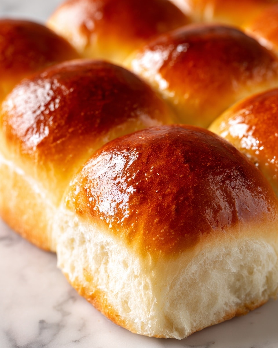 The image shows a close-up of soft, golden brown dinner rolls arranged together. Each roll has a shiny, smooth top that looks slightly sticky and glazed, with a light golden crust. The sides and inside of the rolls are fluffy and white, showing a light, airy texture. The rolls are touching each other, forming a tight cluster on a white marbled surface. Photo taken with an iphone --ar 4:5 --v 7