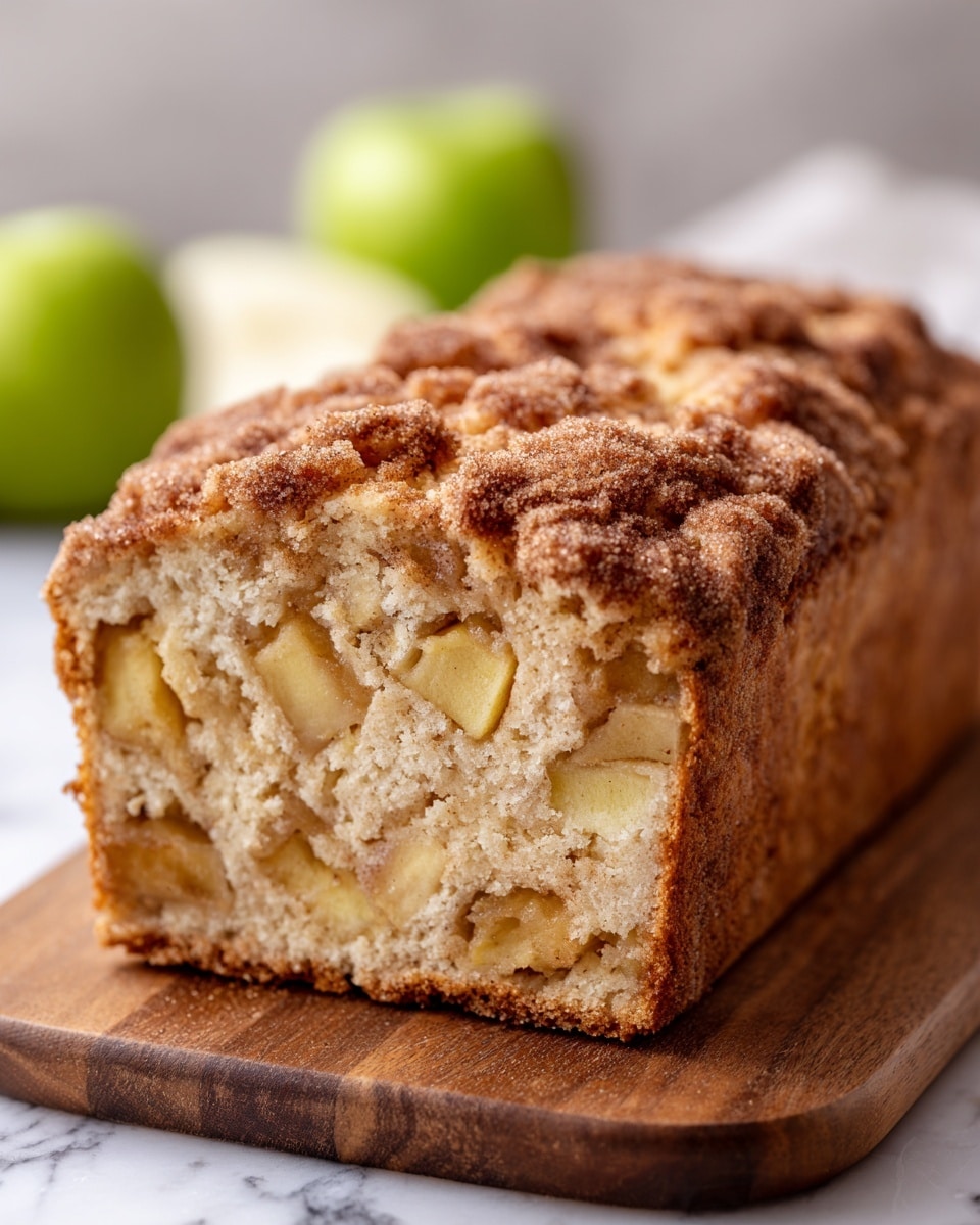 The image shows a loaf of apple cinnamon bread sliced to reveal its inside. The bread has two main layers; the top layer is golden brown with a crunchy, crumbly texture and is dusted with powdered sugar. The bottom layer is soft and light beige with visible chunks of tender, cooked apple pieces mixed evenly throughout. The loaf sits on a wooden board with a white marbled surface in the background. Photo taken with an iphone --ar 4:5 --v 7