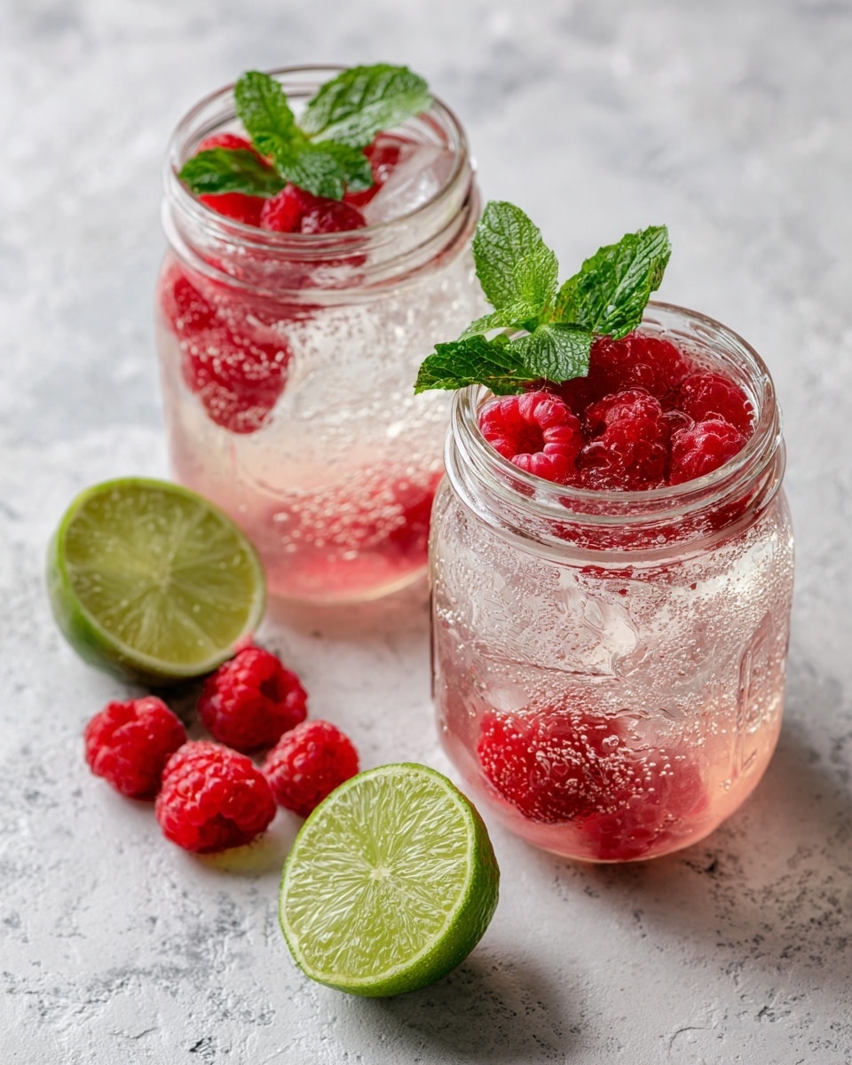 Two clear glass jars are filled with a light pink drink, each topped with red raspberries and bright green mint leaves floating at the surface. One jar contains a few ice cubes visible through the drink. In the background on a white marbled surface, there are several whole raspberries and two lime halves, showing their bright green and yellow inside. The scene is bright and fresh, capturing the texture of the fruit and the coolness of the drinks. photo taken with an iphone --ar 4:5 --v 7