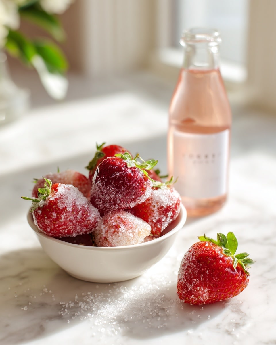 A white bowl filled with several strawberries covered in a layer of sparkling sugar crystals on the top and sides, showing their bright red and orange tones underneath. In front of the bowl, two fresh strawberries with green leaves lie on a white marbled surface. Behind the bowl, there is a bottle with a light pink liquid inside and a white label. The whole scene is set against a soft white background with subtle wall molding. photo taken with an iphone --ar 4:5 --v 7