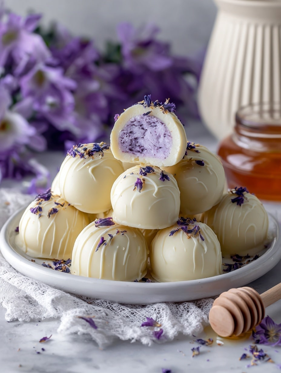 A pile of smooth, white-coated round truffles is stacked on a white plate with a matching white plate beneath, resting on a soft white fabric. One truffle on top is bitten, showing a purple, ribbed creamy filling inside. Small purple flower petals are lightly scattered on top and around the truffles. The scene is set on a white marbled surface, with out-of-focus lavender flowers and a white ribbed container in the background. A wooden honey dipper lies nearby. photo taken with an iphone --ar 4:5 --v 7