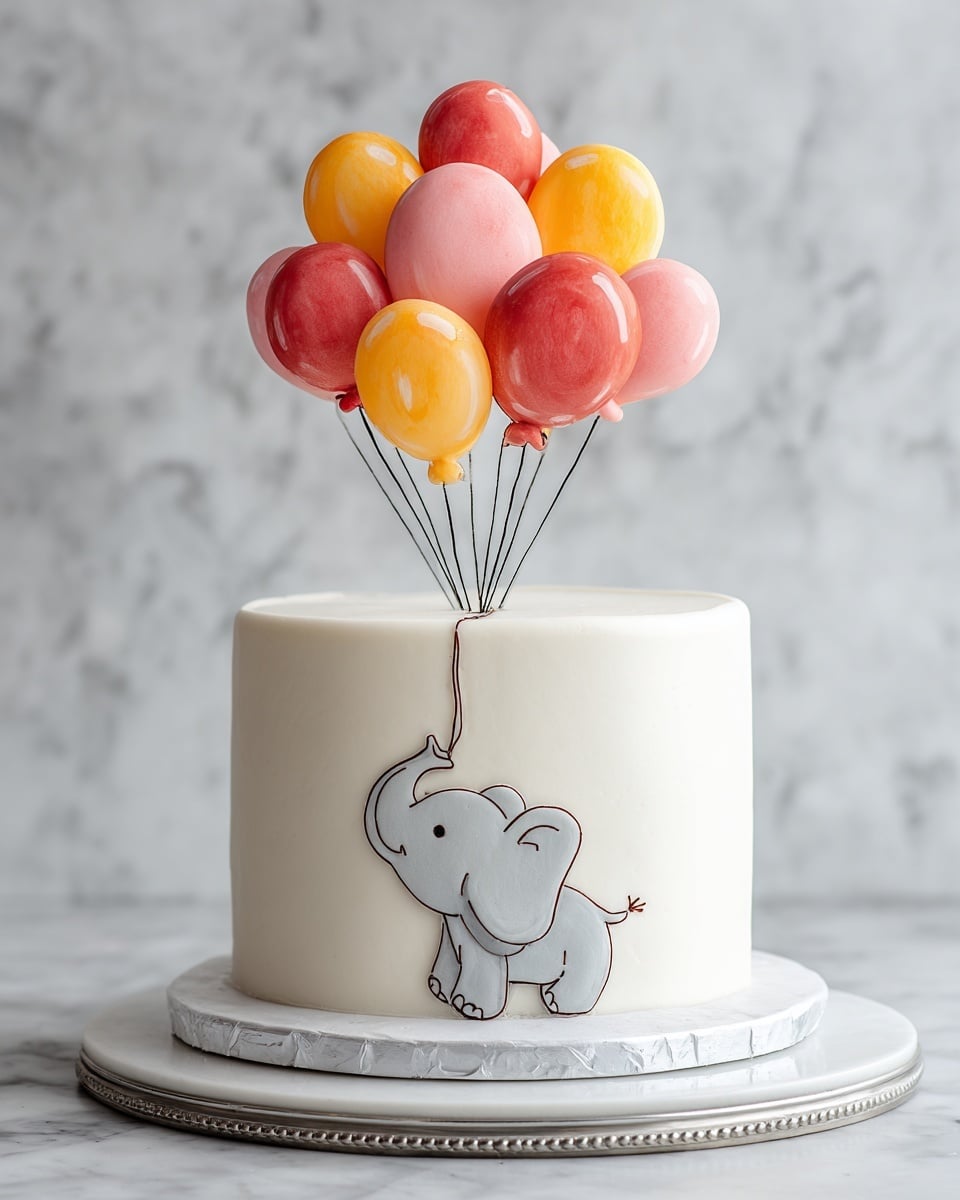 A round, smooth white cake stands on a white cake board with a silver edge, placed on a white marbled surface. The cake has a simple, creamy white base with a cute gray elephant drawn near the bottom, featuring pink cheeks and black outlines. Held by the elephant’s raised trunk are many colorful balloon shapes made of shiny, translucent spheres in shades of red, orange, yellow, and pink, grouped closely together on top of the cake. Thin black lines connect the balloons to the elephant’s trunk, creating a lively and playful scene. photo taken with an iphone --ar 4:5 --v 7