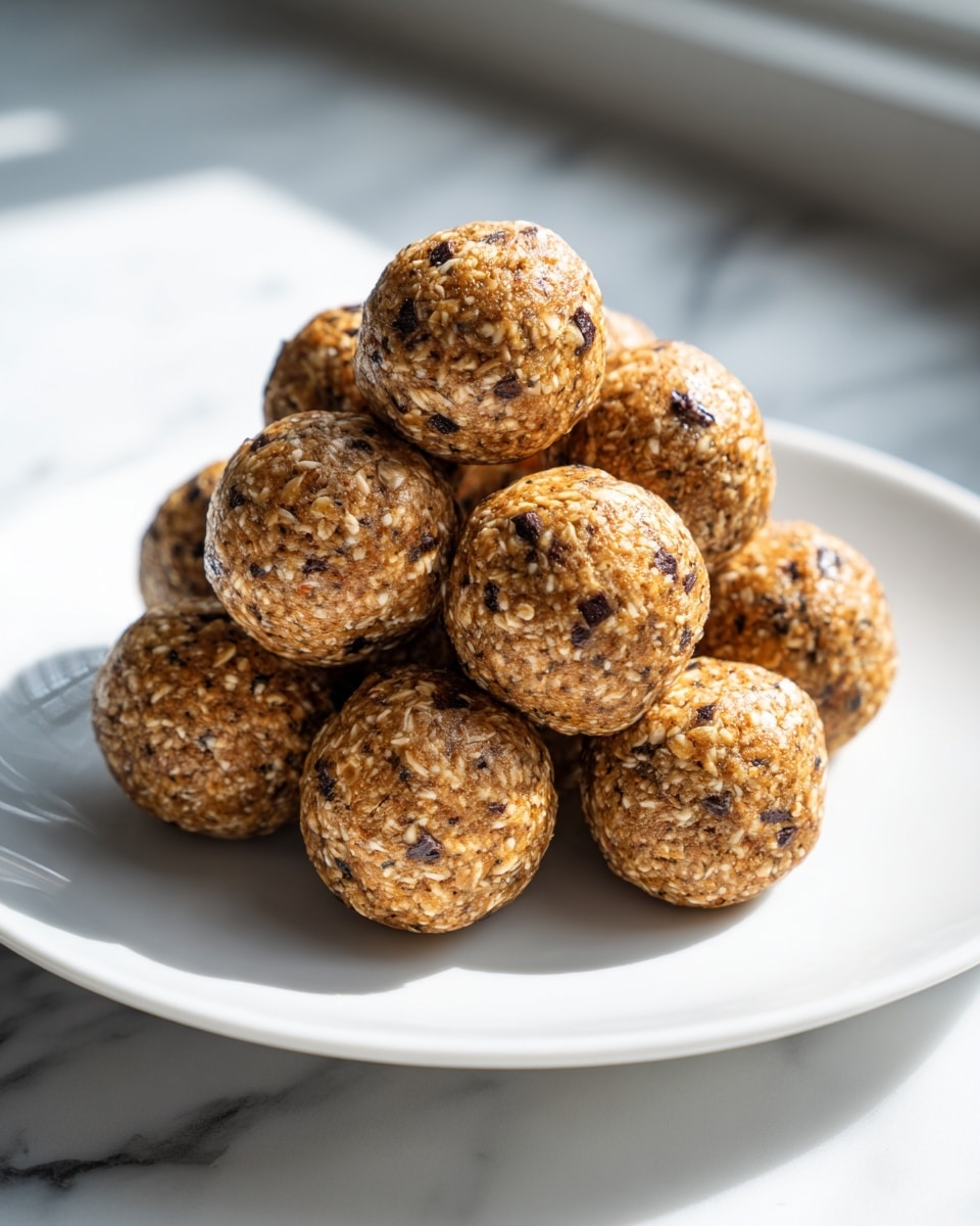 A white plate holds a small pyramid stack of ten round energy balls. Each ball has a rough texture with visible oats and small dark chocolate bits mixed throughout, giving a light brown and darker brown spotted look. The plate rests on a white marbled surface near a window with soft natural light shining on the balls, highlighting their slightly crumbly but firm surface. Photo taken with an iphone --ar 4:5 --v 7