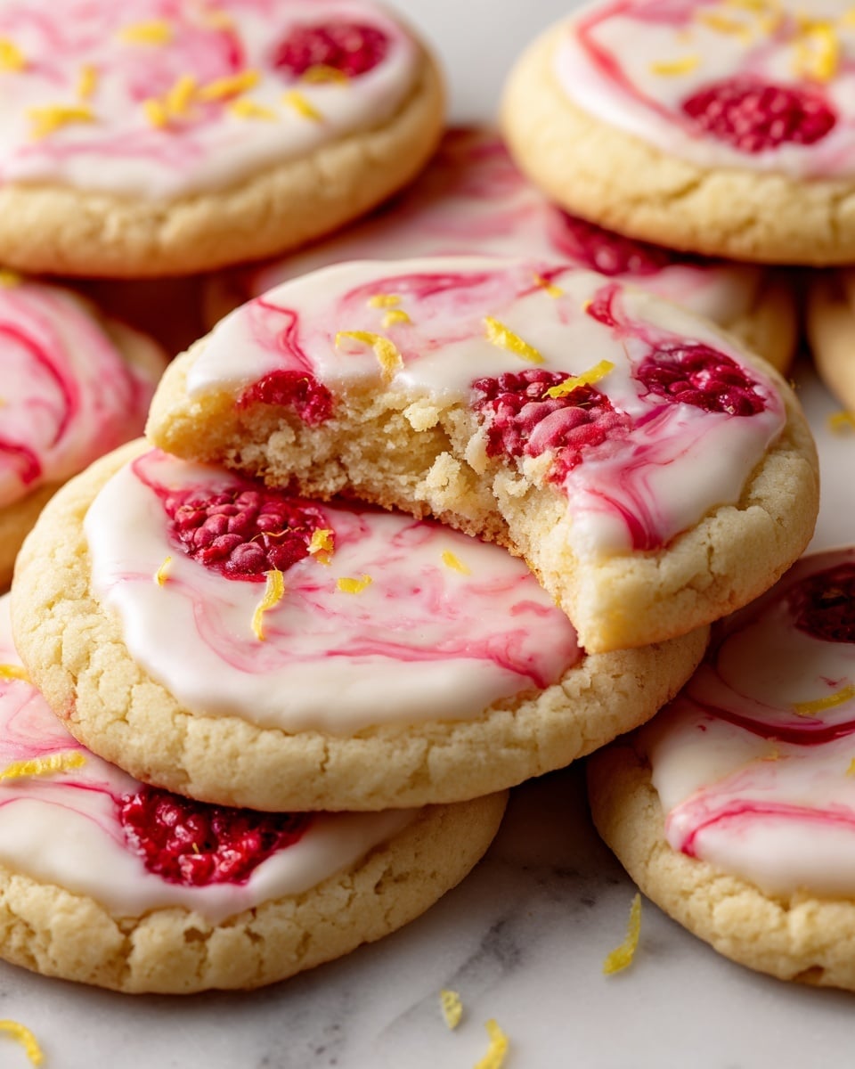A close-up view of lemon raspberry cookies showing two clear layers: the base cookie layer is light beige with a soft, slightly crumbly texture, topped with a smooth, glossy, pale-pink glaze that covers the top fully and drips slightly down the sides. Embedded within the glaze are bright red raspberry pieces, visible both inside the glaze layer and poking through it for a textured look. The top is sprinkled with vibrant yellow lemon zest shreds, adding color contrast and a fresh look. The cookies are stacked on a slightly blurred white marbled surface with extra raspberries placed around them. photo taken with an iphone --ar 4:5 --v 7