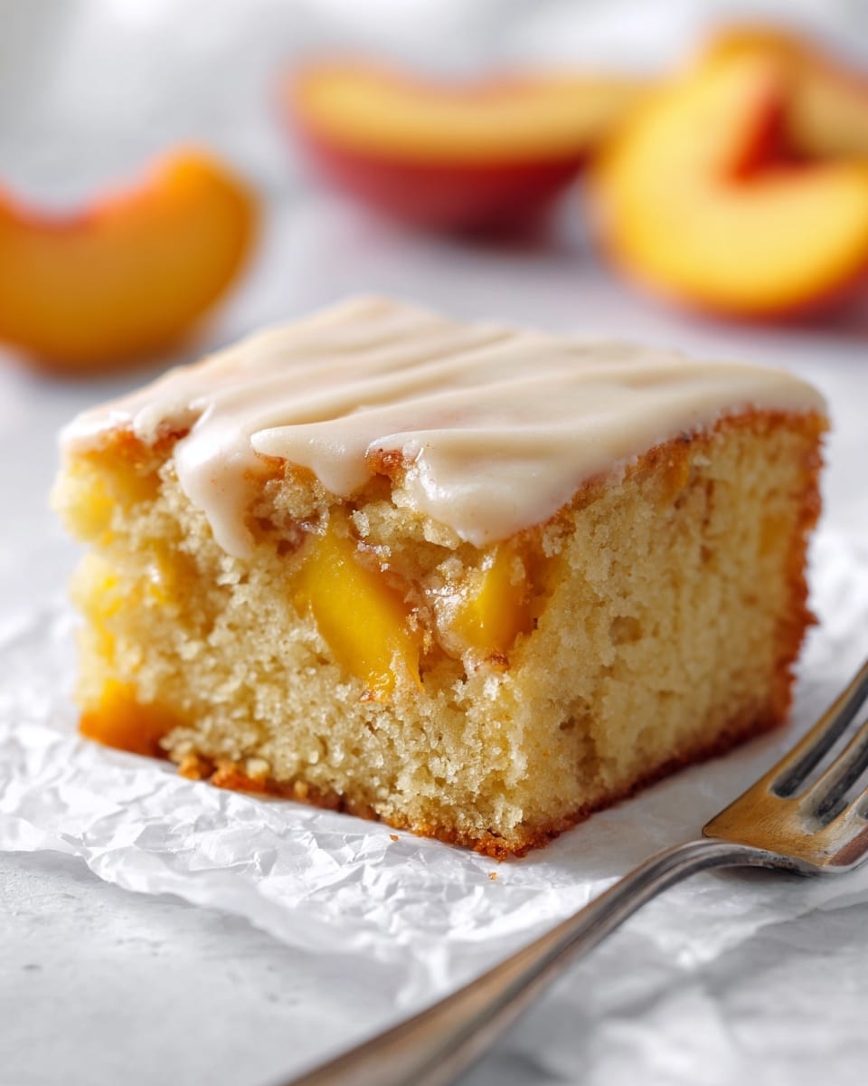 A close-up of a square piece of peach cake sitting on crumpled white paper, showing two main layers: the bottom layer is a moist, light yellow cake with soft chunks of bright orange peach embedded inside, and the top layer is a thick, smooth, glossy light tan frosting that spreads evenly across the cake with some thin cracks on the surface. In the background, there is a silver fork laying next to the cake and a few slices of fresh peach with red skin and yellow inside resting on the white marbled surface. The photo is taken with an iphone --ar 4:5 --v 7