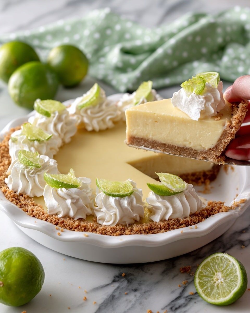 The image shows a pie with three layers: a crumbly brown crust forming the bottom and sides, a smooth pale yellow filling in the middle, and eight swirls of white whipped cream evenly spaced on top, each topped with a small green lime wedge slice. One slice of the pie is being lifted with a silver pie server, showing the clean cut edge of the pale yellow filling and the crumbly crust. The pie is in a clear glass pie dish on a white marbled surface, with whole bright green limes nearby. The lighting is bright and natural, highlighting the textures and colors of the pie. Photo taken with an iphone --ar 4:5 --v 7