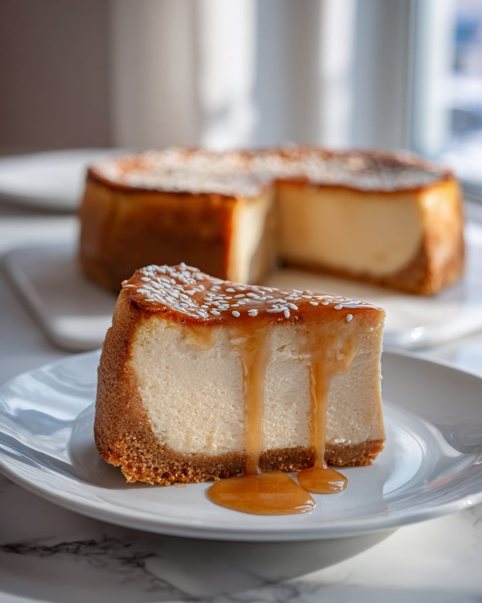 A slice of thick cheesecake with a light beige creamy layer sits on a white plate with a thin brown rim. The cheesecake has a firm, golden brown crust around the edges and a smooth, dense texture for the filling. The top layer is covered with golden honey dripping down the side, topped with white sesame seeds. In the background, the rest of the cheesecake is visible on a white plate, with the same crust color and sesame seed topping. The scene is set on a white marbled surface near a window with warm natural light. photo taken with an iphone --ar 4:5 --v 7