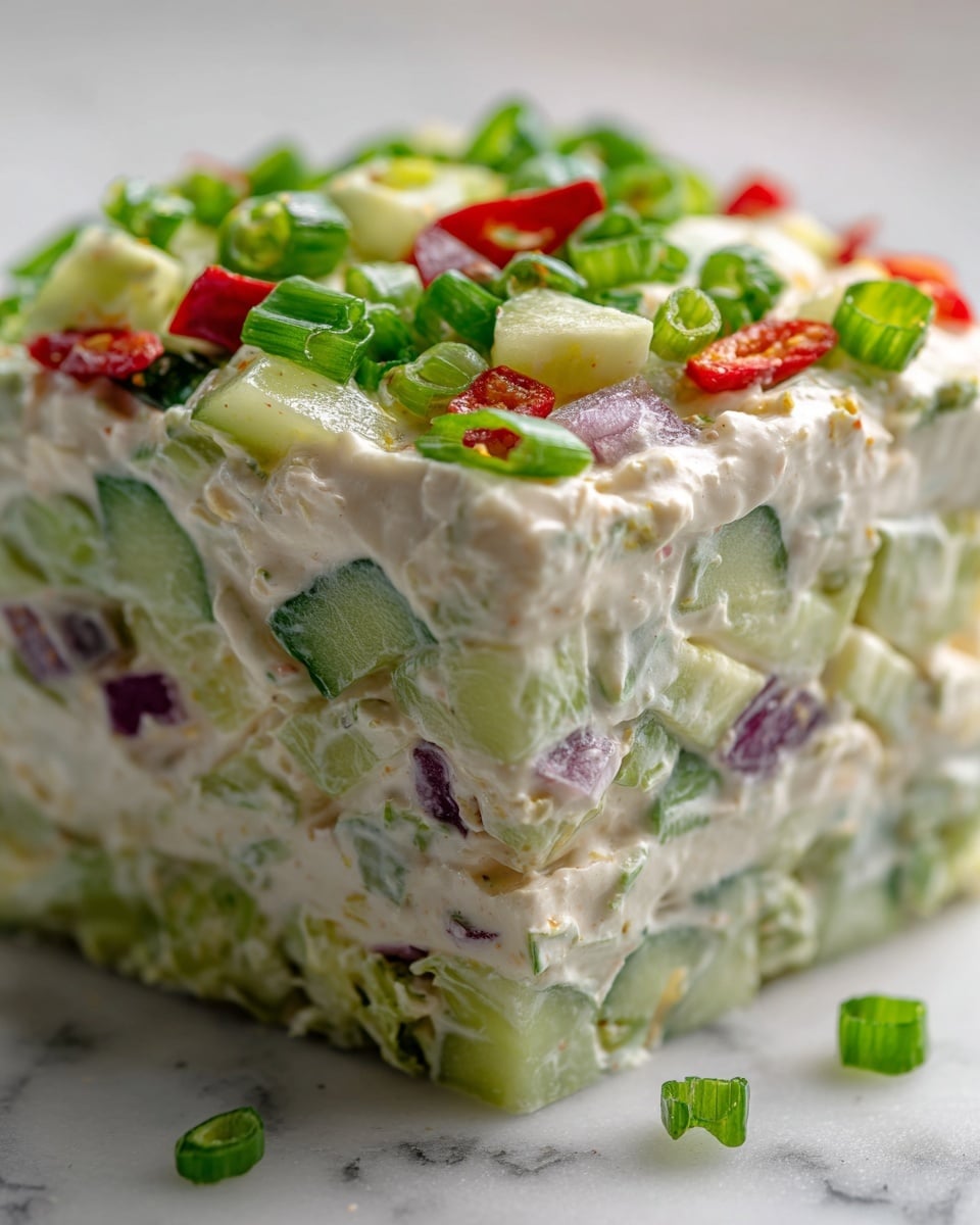 The image shows a close-up of a creamy salad with multiple layers. The base layer consists of crisp green lettuce leaves. On top, there are large chunks of light green cucumber with a smooth texture, mixed with small red bell pepper pieces that add a bright pop of color. There are also small bits of purple onion, providing a slight contrast. The entire salad is coated in a thick, creamy white dressing that looks smooth and rich. Finally, small chopped green onions are scattered over the top, adding a touch of freshness. The photo is set against a white marbled texture. photo taken with an iphone --ar 4:5 --v 7
