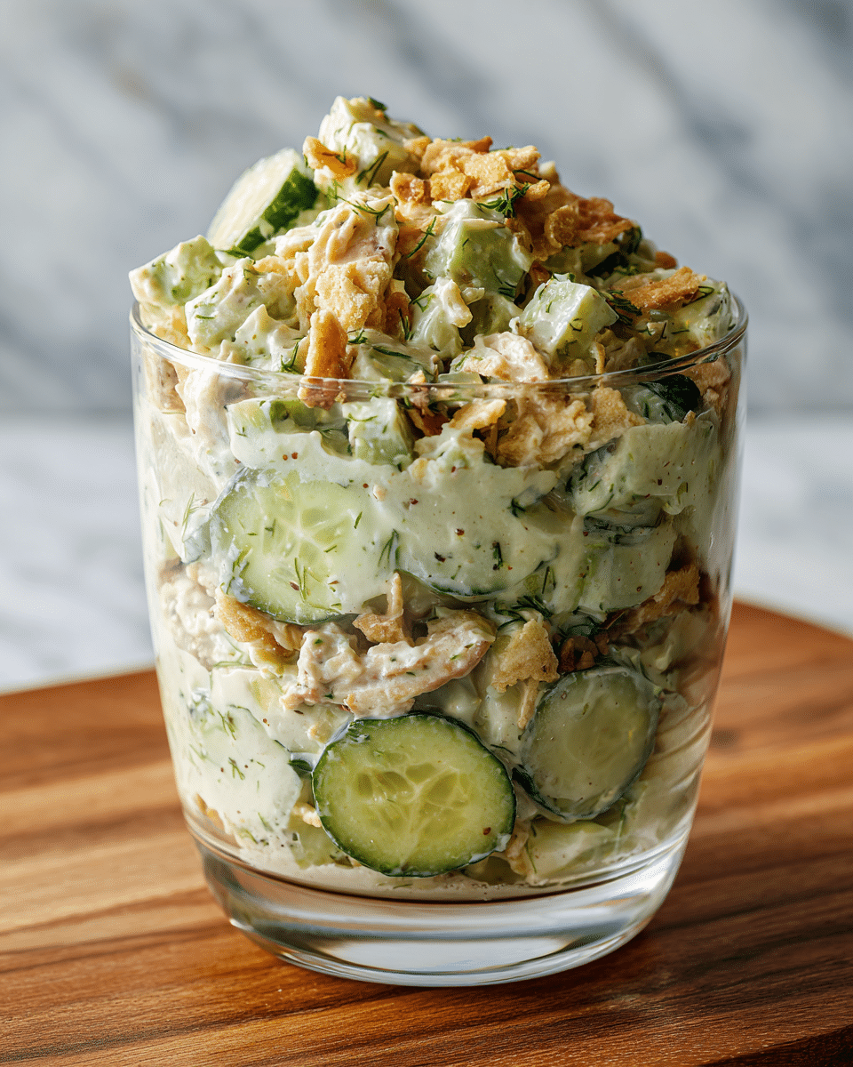 A clear glass filled with three visible layers of a creamy salad sits on a white marbled surface. The bottom layer has small slices of green cucumber mixed in a pale orange creamy sauce. The middle layer is more dense with a mix of the same creamy sauce and thin slices of cucumber. The top layer consists of larger pieces of light beige tofu or paneer mixed with green herbs and a sprinkling of black seeds, creating a textured and colorful contrast. A woman's hand holds the glass from the side. Photo taken with an iphone --ar 4:5 --v 7
