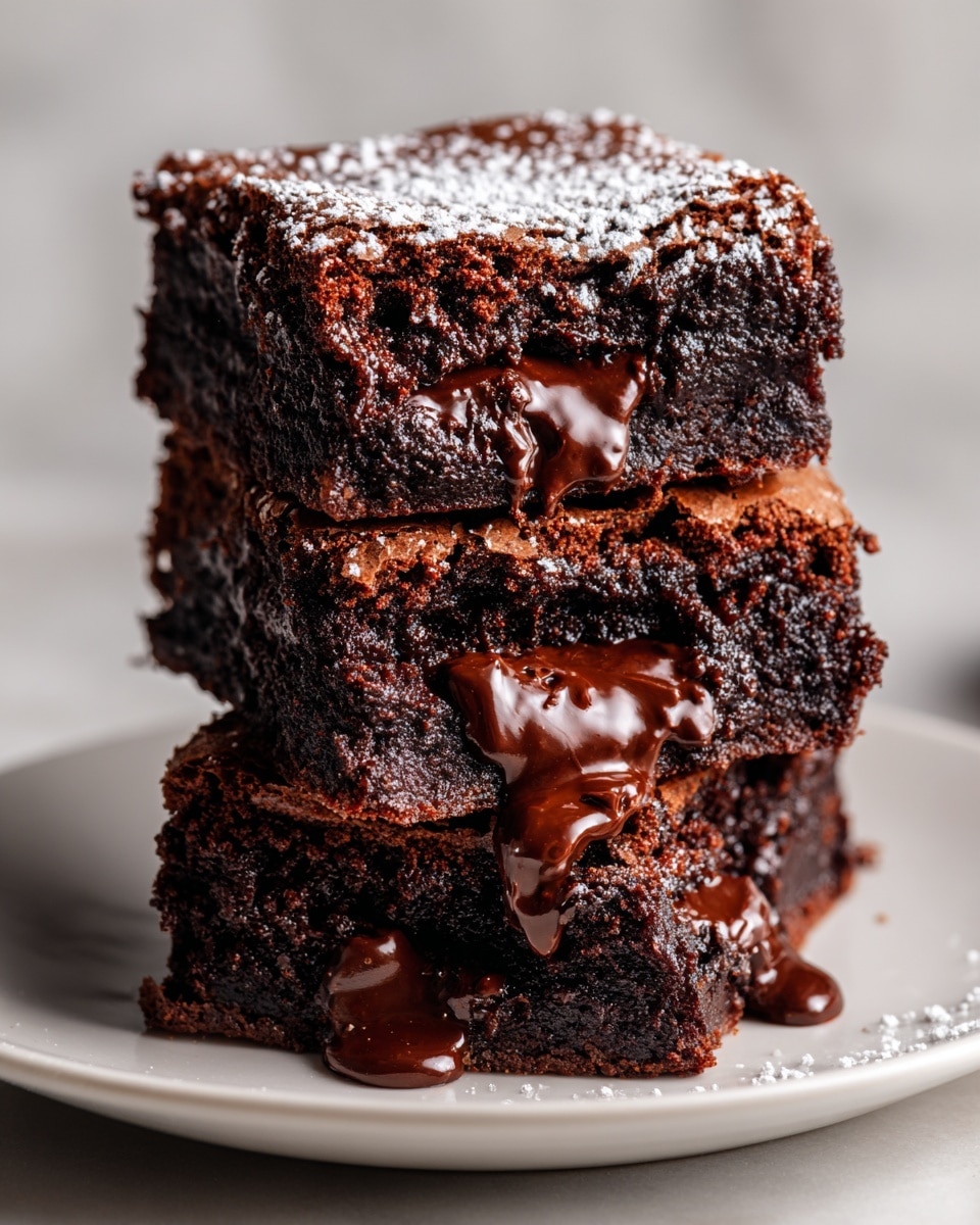 A stack of three thick, rich brownies sits on a white plate, each brownie showing a dense, moist dark brown interior with gooey melted chocolate chunks oozing out, and a shiny, cracked top layer dusted lightly with white powdered sugar. The brownies are piled unevenly, creating a cozy, homemade feel, with some melted chocolate dripping slightly onto the plate below. The plate is placed on a white marbled surface, adding a clean and bright look to the image. photo taken with an iphone --ar 4:5 --v 7