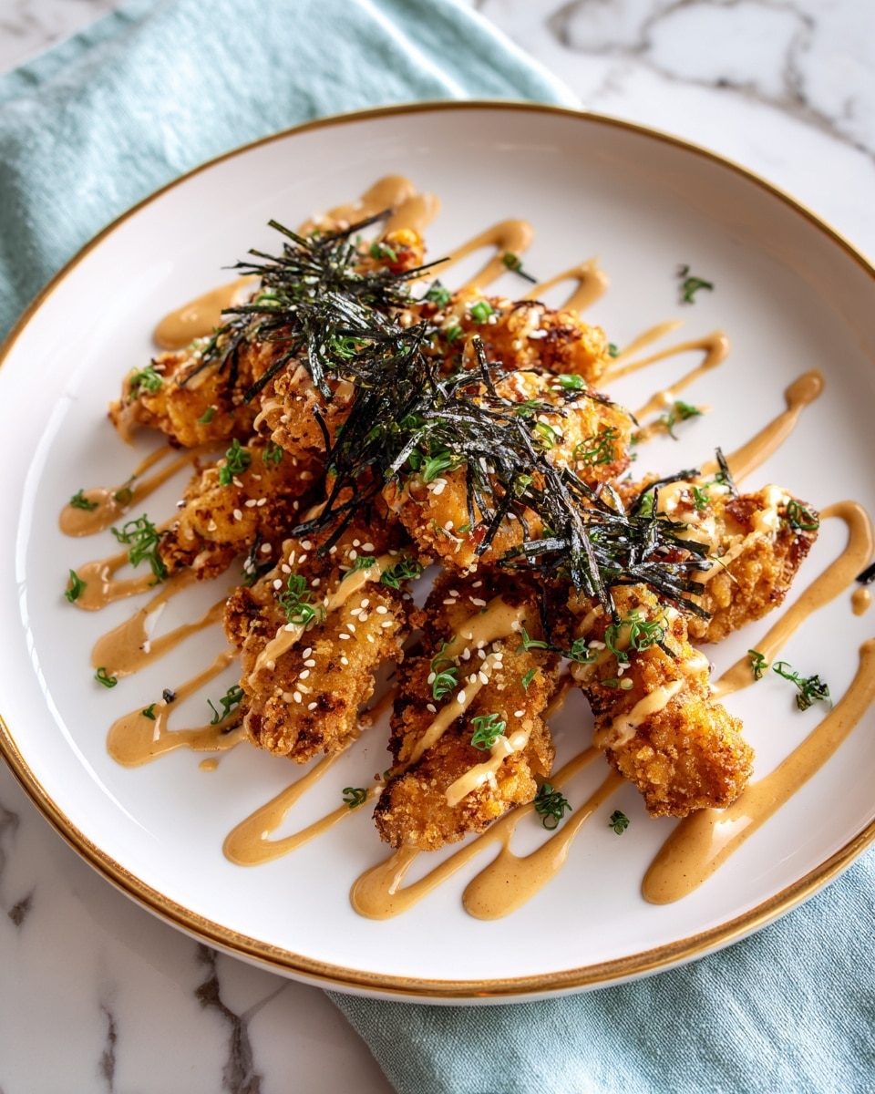 A black plate with a thin gold rim holds a pile of golden-brown crispy chicken strips arranged in a slightly overlapping pattern. The chicken pieces are drizzled with a creamy light orange sauce in thin lines across the top. Scattered around the chicken are small green chopped chives and bits of dark green seaweed, adding color contrast. Tiny white sesame seeds are sprinkled over everything, giving a final touch of texture. The plate sits on a white marbled surface with a soft focus on light-colored dishes and a cloth nearby. photo taken with an iphone --ar 4:5 --v 7