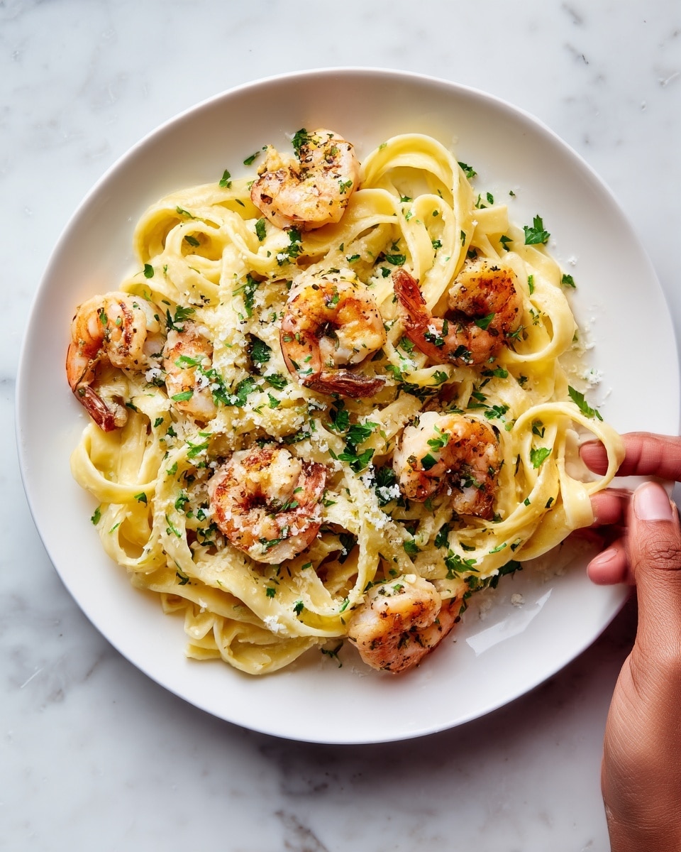 A white plate holds a creamy pasta dish with al dente fettuccine noodles coated in a smooth yellow sauce. On top, large pink shrimp curl around, some facing upwards, with finely chopped green herbs sprinkled evenly over everything. Small white crumbs, like grated cheese, scatter across the shrimp and pasta, adding texture. The plate rests on a white marbled surface, and a woman's hand reaches in from the side, about to pick up a piece. photo taken with an iphone --ar 4:5 --v 7