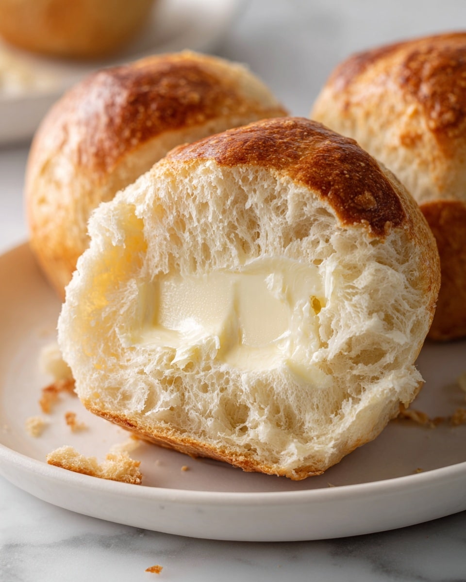 A close-up image shows one piece of crusty bread torn open, revealing a soft, fluffy inside with a golden-brown crust that has a rough texture. The bread has a thick layer of melted butter spread unevenly in the center, creating swirls of creamy pale yellow that blend with the soft white bread. The bread rests on a white plate set against a white marbled surface. Photo taken with an iphone --ar 4:5 --v 7