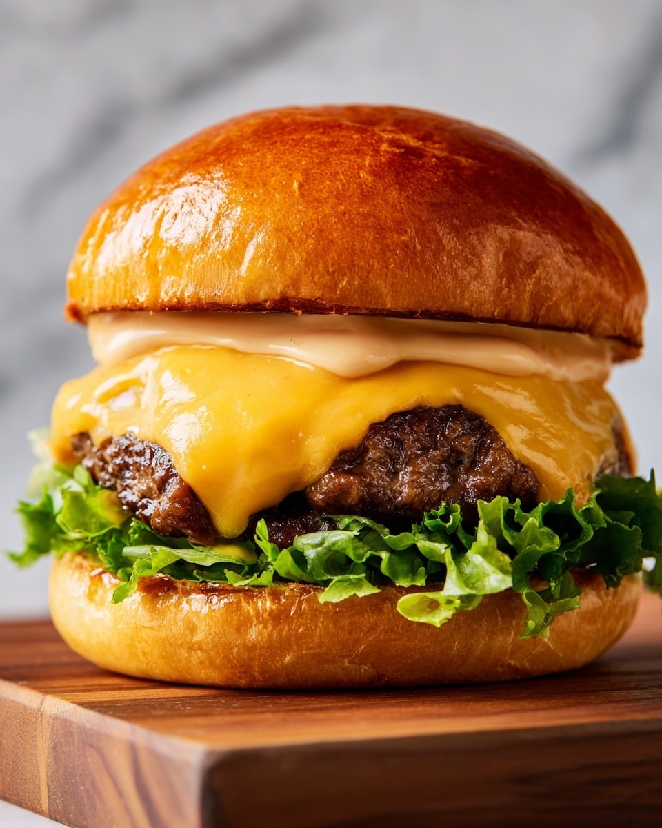 A close-up of a cheeseburger on a glossy, golden brown bun with a soft texture, showing five layers: the top bun with a shiny crust, a pale cream-colored sauce layer just below it, a thick slice of melted bright yellow cheddar cheese covering a dark brown, juicy beef patty, fresh green lettuce leaves at the bottom, and the bottom bun with a slightly toasted surface. The background is a white marbled texture, and the burger sits on a wooden surface. Photo taken with an iphone --ar 4:5 --v 7