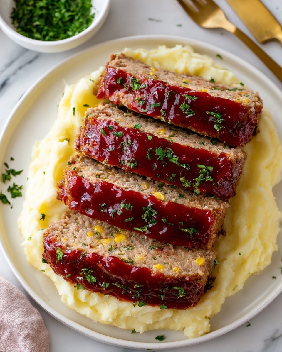 The image shows four thick slices of meatloaf arranged in a slightly overlapping row on a bed of smooth, creamy mashed potatoes. The meatloaf has a light brown, moist texture with visible bits of yellow corn and green herbs mixed throughout. Each slice is topped with a shiny, deep red glaze that looks sticky and slightly glossy. The mashed potatoes underneath are spread evenly in a circular shape, forming a soft yellow base. Small green herb flakes and a few red peppercorns are sprinkled over the dish and potatoes for garnish. The plate is white, set on a white marbled surface, with a gold fork placed beside it and a small white bowl of chopped green herbs in the background. Photo taken with an iphone --ar 4:5 --v 7