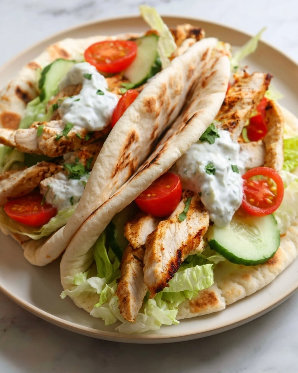The image shows two flatbreads folded in half on a white plate, each filled with several layers. The bottom layer inside is light green lettuce leaves, topped with grilled chicken strips that have a golden-brown color and slight char marks. Above the chicken, there are slices of bright red cherry tomatoes and thin rounds of pale green cucumber. Dollops of white yogurt sauce with small green herb bits are placed on top, adding a creamy texture. The flatbreads are soft and slightly charred, with a warm beige color. The plate is set on a white marbled surface. photo taken with an iphone --ar 4:5 --v 7