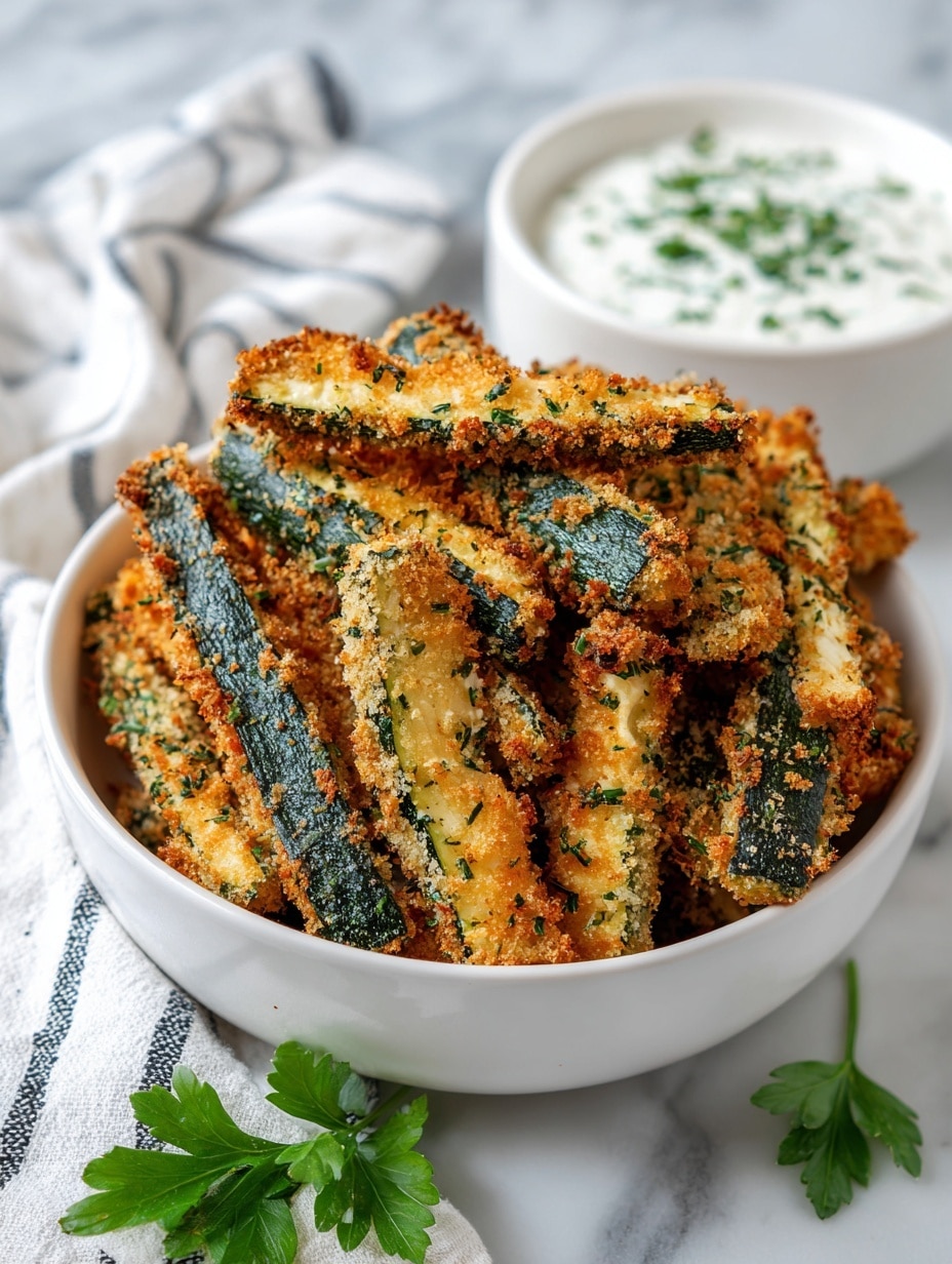 A white bowl filled with two layers of zucchini fries, each fry is long and covered in a golden, crispy breadcrumb coating mixed with green herbs. The zucchini's dark green skin is visible at the ends, contrasting with the light golden breadcrumbs. In the background, there is a white bowl with creamy white dip topped with green herbs, also on a white marbled surface. A white cloth with black stripes and a green parsley leaf decorate the corner of the photo taken with an iphone --ar 4:5 --v 7