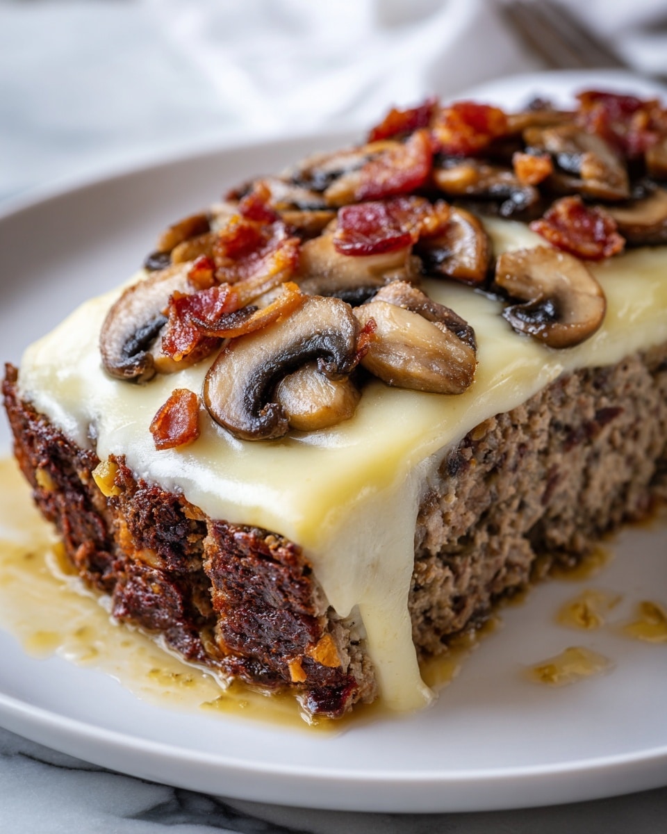 A thick, juicy meatloaf sits on a white plate with a white marbled surface underneath, covered with a rich layer of melted Swiss cheese that is creamy yellow and slightly bubbling. On top of the cheese, there are crispy pieces of bacon in a deep red-brown color and sautéed sliced mushrooms, golden brown with some darker edges. Around the meatloaf, there is a glossy brown sauce with small chunks of bacon, pooling on the plate and adding shine and moisture to the dish. The texture of the meatloaf looks tender with visible bits of ground meat throughout. photo taken with an iphone --ar 4:5 --v 7