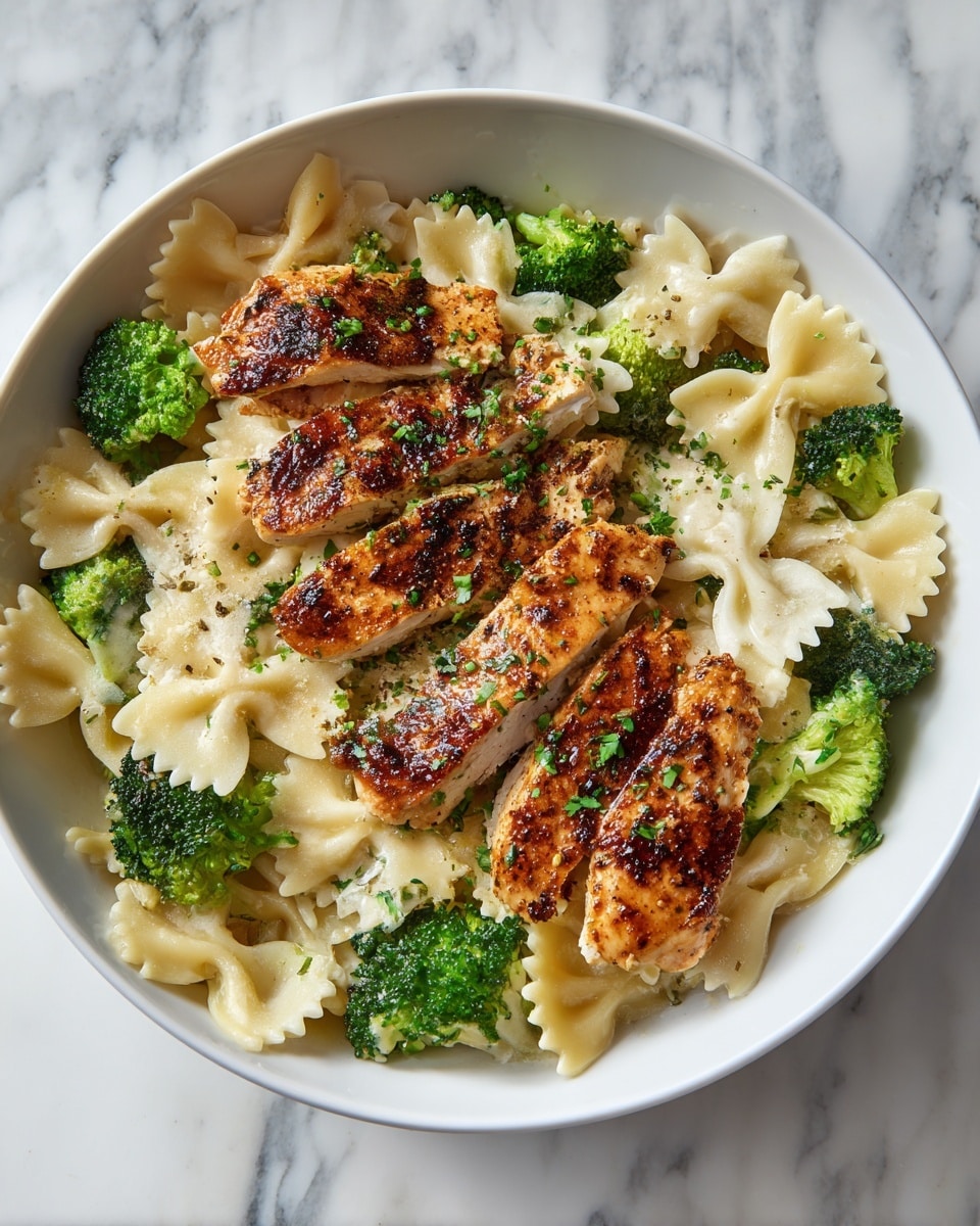 A white bowl filled with a base layer of cooked farfalle pasta that is creamy and light yellow in color, mixed with bright green broccoli florets scattered evenly. On top of this base are several pieces of grilled chicken breast, cut into medium-sized strips with a golden brown, slightly charred surface and speckled green herbs. The chicken pieces are arranged in a slightly overlapping pattern in the center, contrasting with the lighter pasta and the green broccoli. The whole dish sits on a white marbled texture surface. photo taken with an iphone --ar 4:5 --v 7