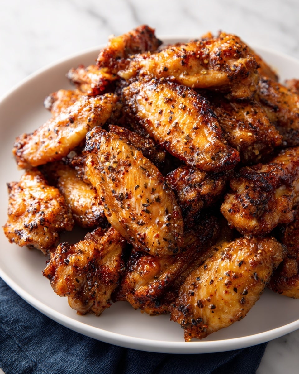 A white plate filled with a pile of crispy chicken wings, about three layers deep, showing a mix of golden brown and darker brown colors with a glossy, slightly oily texture. The wings have visible seasoning speckles and some charred spots, with the bones visible at the end of several wings. The plate sits on a white marbled surface with a dark blue cloth partially visible underneath. photo taken with an iphone --ar 4:5 --v 7