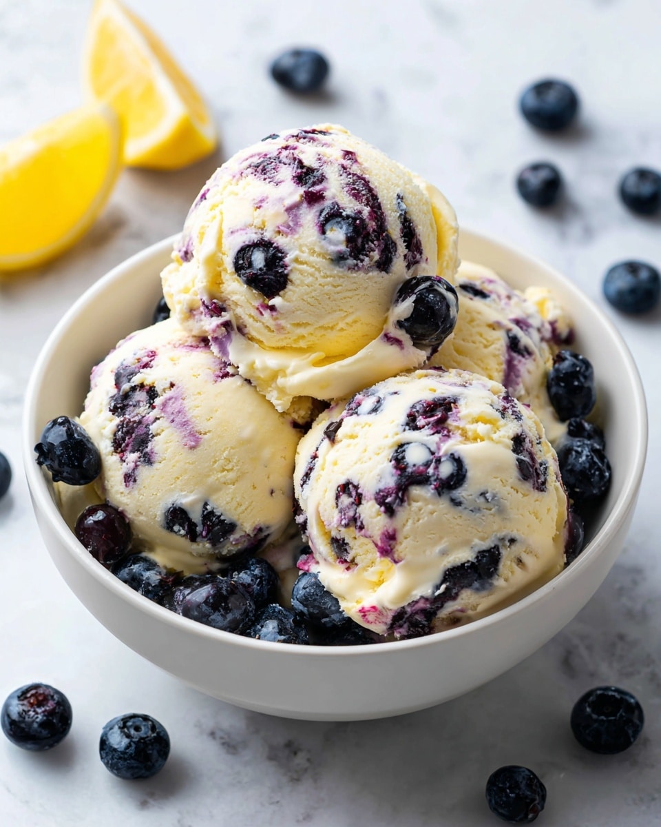 A white bowl filled with three scoops of blueberry ice cream, each scoop showing creamy pale yellow with purple and dark blue blueberry spots mixed throughout. The top scoop prominently showcases blueberries embedded in the ice cream, with a smooth and slightly melting texture. Fresh whole blueberries surround the ice cream inside the bowl, adding a deep blue contrast. Around the bowl, scattered blueberries and green leaves rest on a white marbled surface with part of a lemon wedge visible at the bottom left side of the image. photo taken with an iphone --ar 4:5 --v 7
