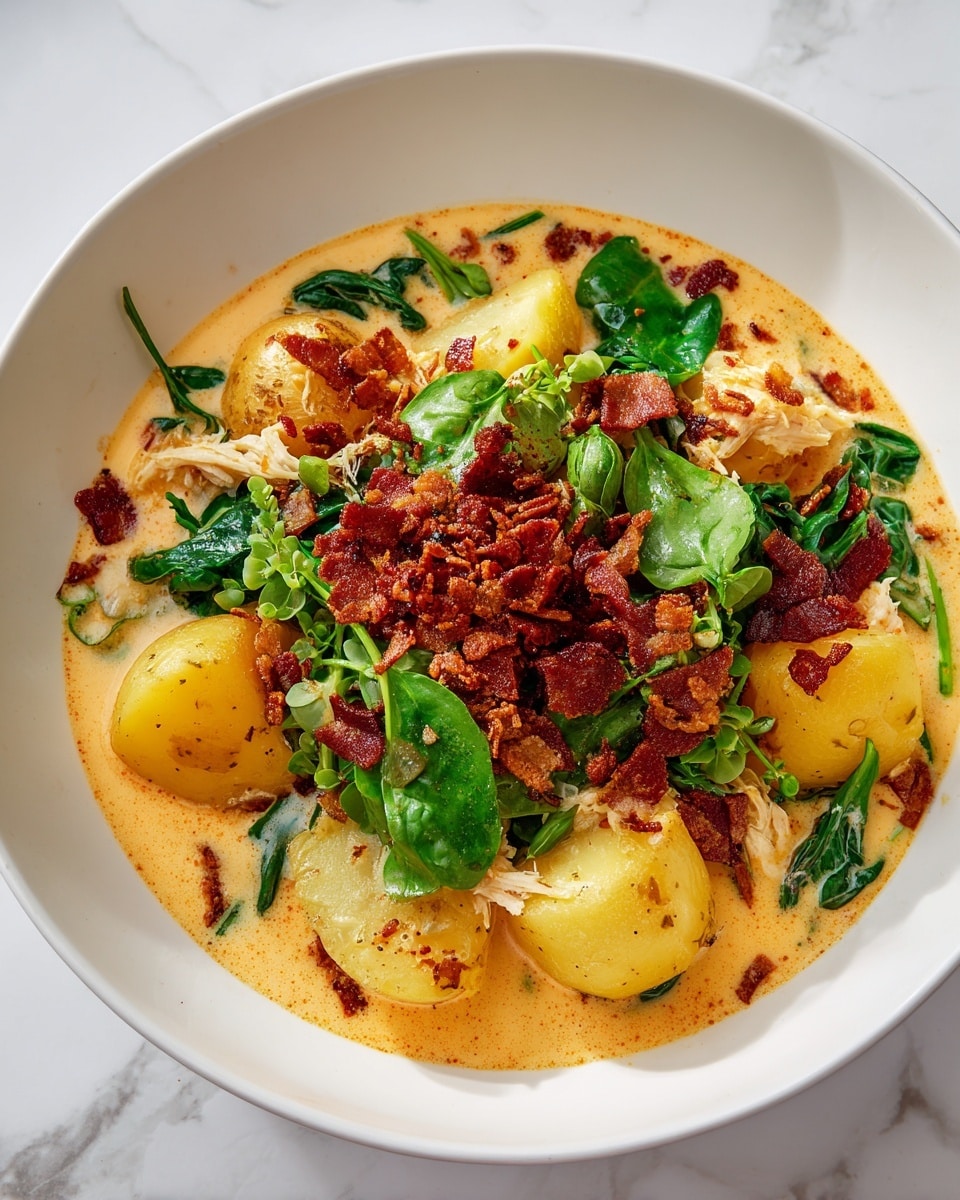 This image shows a close-up of a creamy soup with several layers. At the bottom, there are whole, soft yellow potatoes, sitting in a smooth, orange-colored creamy broth. On top of the potatoes and broth, there are small pieces of shredded white chicken scattered around. In the center, there is a pile of crispy, dark brown bacon bits. Fresh green basil leaves are spread evenly on the surface, adding a touch of color. The entire dish is in a white bowl, placed on a white marbled surface. The photo taken with an iphone --ar 4:5 --v 7