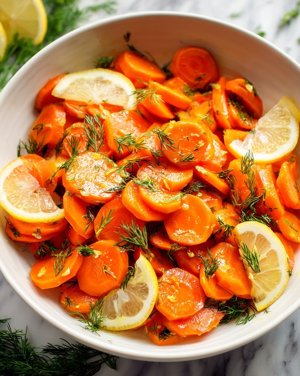 A white bowl filled with bright orange carrot slices that have a smooth, glossy texture, showing they are cooked and coated with herbs. The carrots are sprinkled with small green dill leaves throughout, adding a fresh touch. There are thin lemon slices placed on top and mixed inside, their pale yellow rind and light juicy center clearly visible. The dish sits on a white marbled surface with blurred green leaves in the background, giving a fresh look. photo taken with an iphone --ar 4:5 --v 7