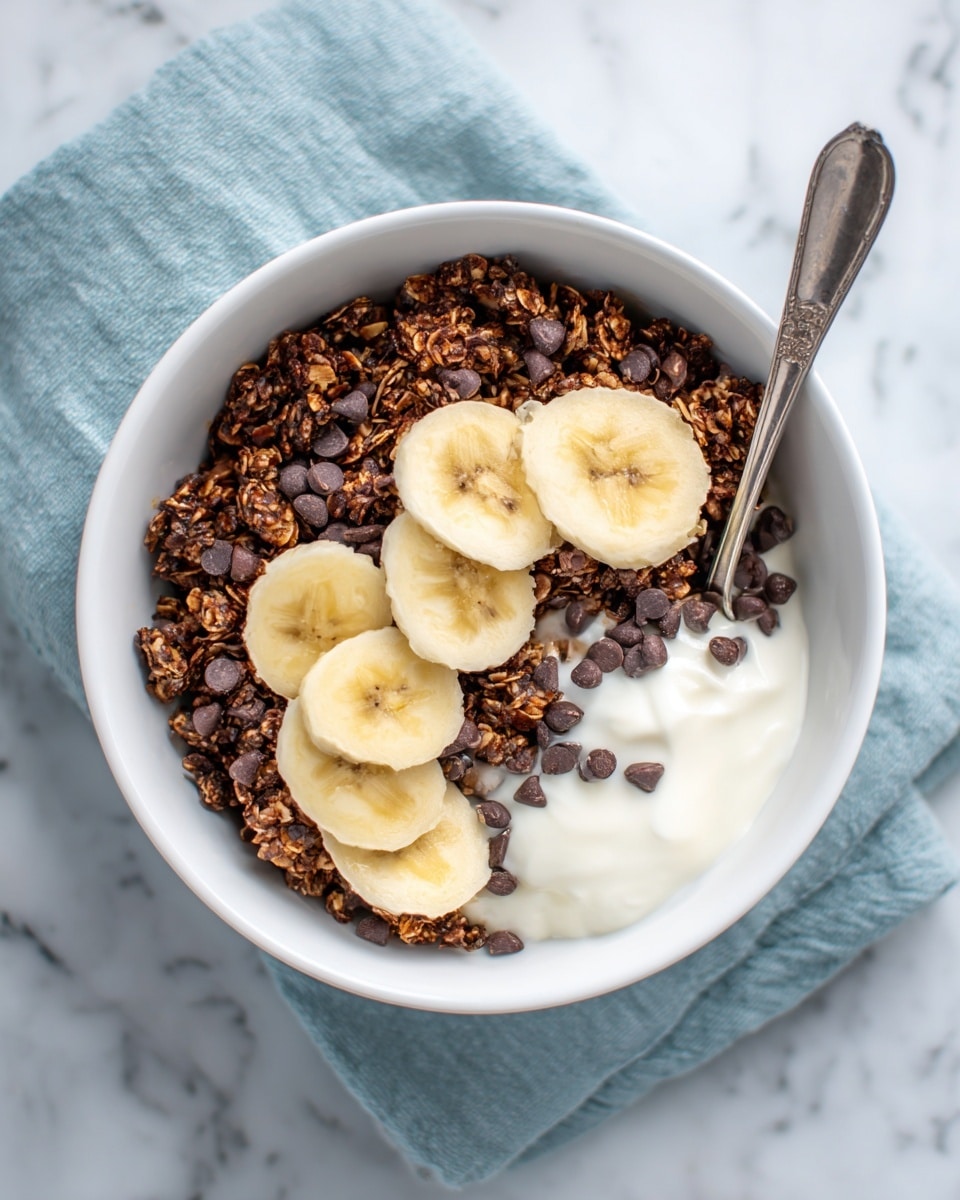 A white bowl filled mostly with a layer of crunchy, dark brown granola mixed with chocolate chips, giving a rough and textured look. On top, there are two thin, light yellow banana slices with slightly dark edges placed near the center. To the right inside the bowl, a small dollop of white creamy yogurt peeks through the granola, with a silver spoon partially embedded. The bowl sits on a soft blue cloth with a white marbled texture underneath. A small red strawberry is placed slightly out of focus in the upper background. Photo taken with an iphone --ar 4:5 --v 7