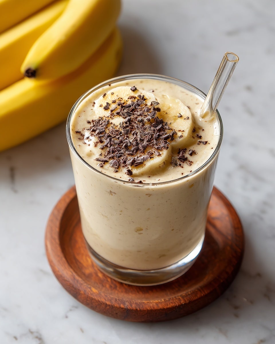 A clear glass cup filled with a creamy light brown smoothie, topped with three slices of ripe yellow banana placed on one side, and a small sprinkle of finely grated dark chocolate next to the banana slices; a transparent glass straw is placed inside the smoothie on the right side. The glass is set on a round wooden coaster, and the background is a smooth white marbled texture with two whole yellow bananas lying nearby. photo taken with an iphone --ar 4:5 --v 7