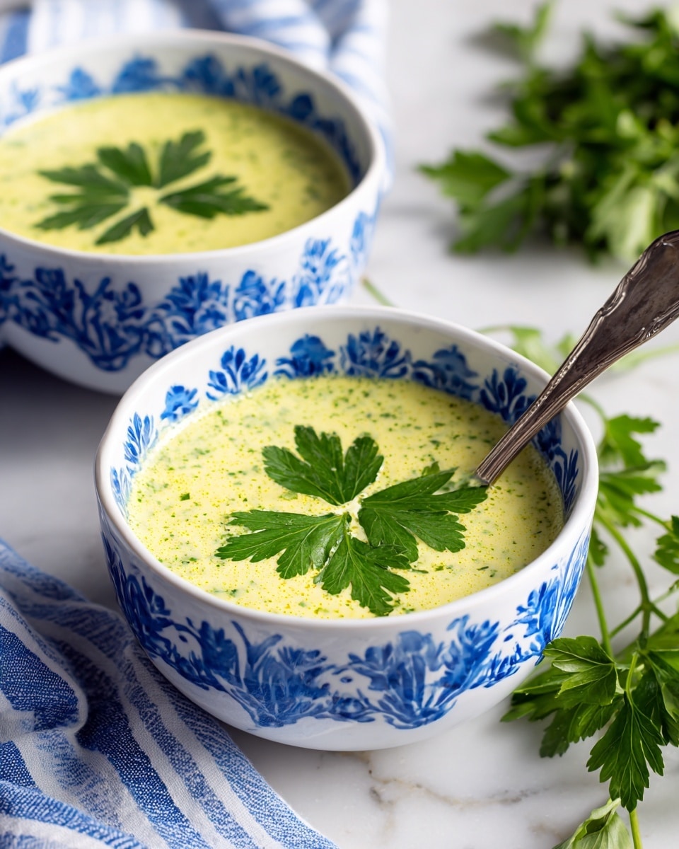 Two white bowls with blue patterns filled with thick yellow-green soup are placed on a white marbled surface. Each bowl holds a creamy soup with visible green herbs mixed in. A single green leafy herb is placed on top of each soup as garnish. A silver spoon is inside the bowl in the front, resting against the side. In the background, some fresh green leafy herbs are slightly blurred. A white cloth with blue stripes lies partially under the front bowl. Photo taken with an iphone --ar 4:5 --v 7
