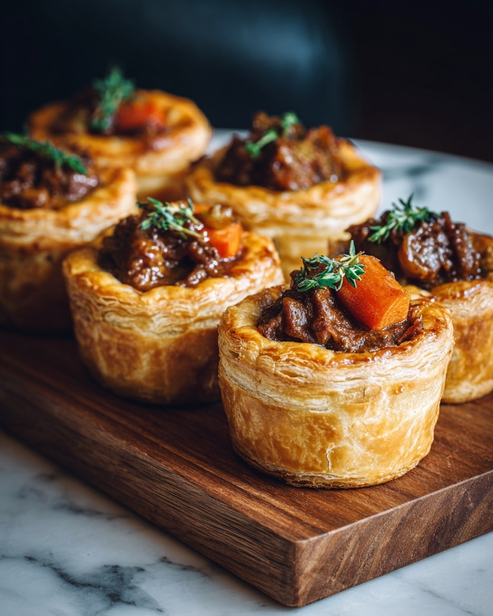 The image shows four small round pies placed on a light brown wooden board. Each pie has a thick, golden-brown crust with a wavy edge, and the crust looks crispy and flaky. The filling inside is dark brown and chunky, consisting of pieces of meat and small orange cubes, likely carrots, with a sprig of fresh green herb, possibly thyme, on top. The background is a white marbled texture and the lighting highlights the shiny, glazed look of the pie crusts and the moist texture of the filling. photo taken with an iphone --ar 4:5 --v 7