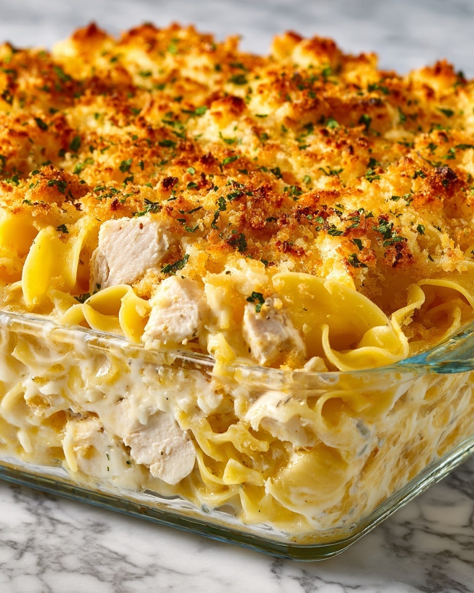 This image shows a close-up of a baked pasta casserole in a clear glass dish placed on a white marbled texture. The dish has three main layers: the bottom layer is creamy white sauce soaked into wide, ruffled egg noodles with a smooth texture; the middle layer contains chunks of white chicken meat distributed evenly; the top layer is golden brown melted cheese with crispy baked bits, sprinkled with light brown breadcrumbs and small green herb flakes scattered on the surface. The overall look is warm and inviting with a mix of creamy, crunchy, and tender textures. Photo taken with an iphone --ar 4:5 --v 7