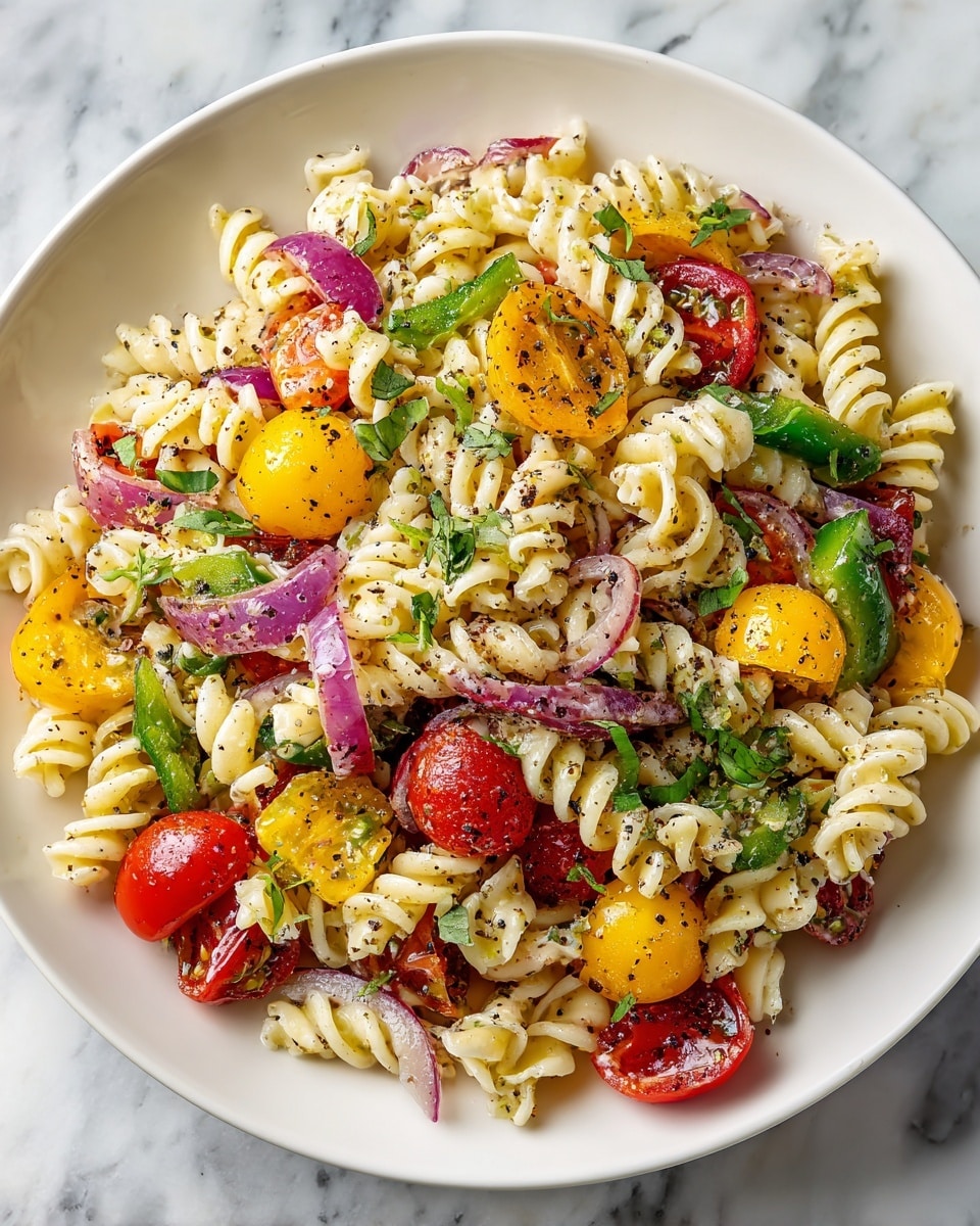 A white plate filled with three layers of creamy white rotini pasta mixed with colorful vegetables. The first layer shows bright yellow cherry tomatoes, shiny red cherry tomato halves, and light green bell pepper pieces. The second layer adds thin slices of purple onion and darker green leafy herbs scattered throughout. The third layer is topped with a light sprinkle of black pepper and small bits of crushed seasoning. The plate sits on a white marbled surface, creating a fresh and clean background. Photo taken with an iphone --ar 4:5 --v 7