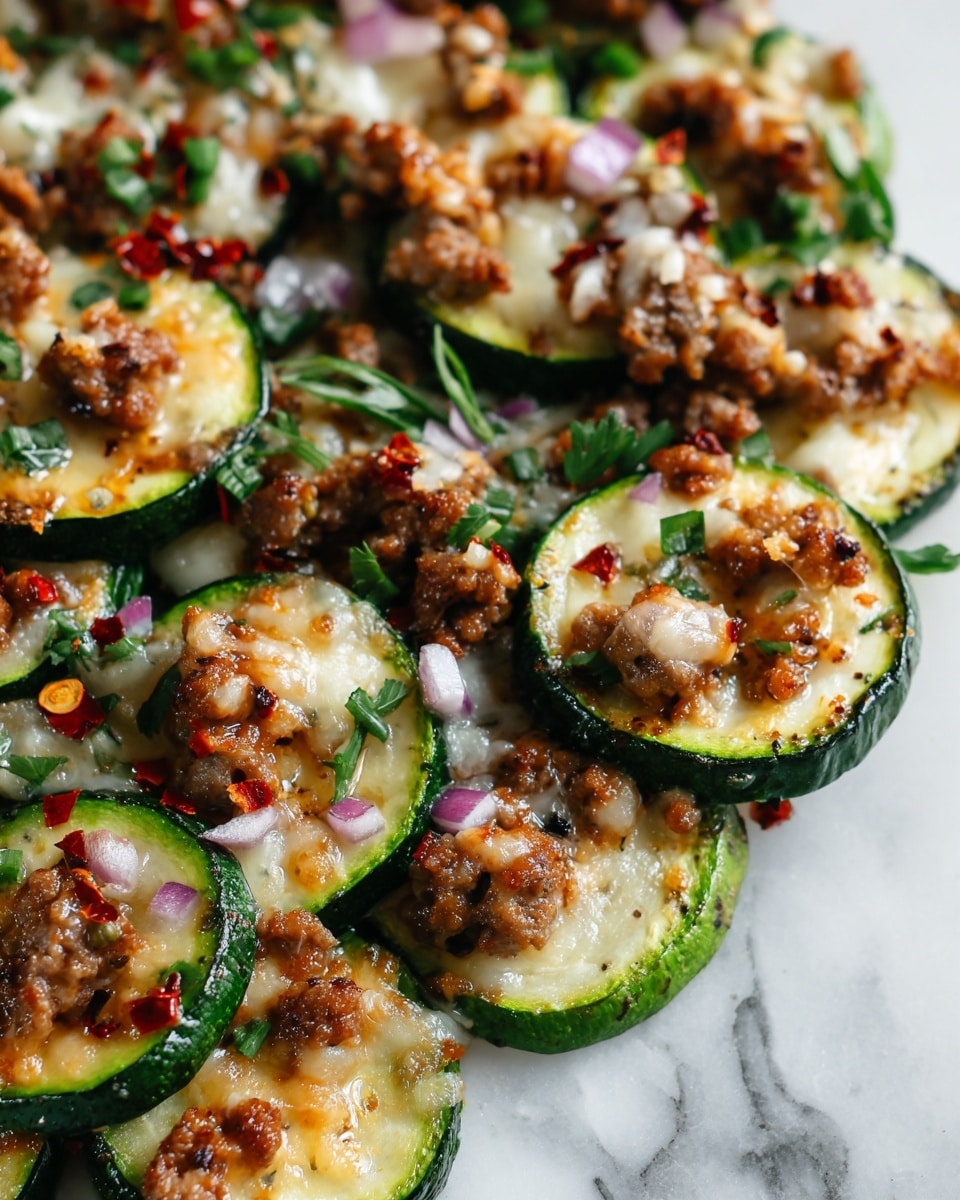 The image shows a close-up of a dish with thick, round slices of cooked green zucchini mixed with browned ground meat and small pieces of red onion. The zucchini slices have a soft, slightly shiny texture with a touch of browning on the edges. The meat appears crumbly and juicy, with bits of red onion adding pops of purple color throughout. The dish has a fresh, lightly oily look with some red pepper flakes sprinkled on top for a bit of color and spice. The food is served on a white plate placed on a white marbled surface. Photo taken with an iphone --ar 4:5 --v 7